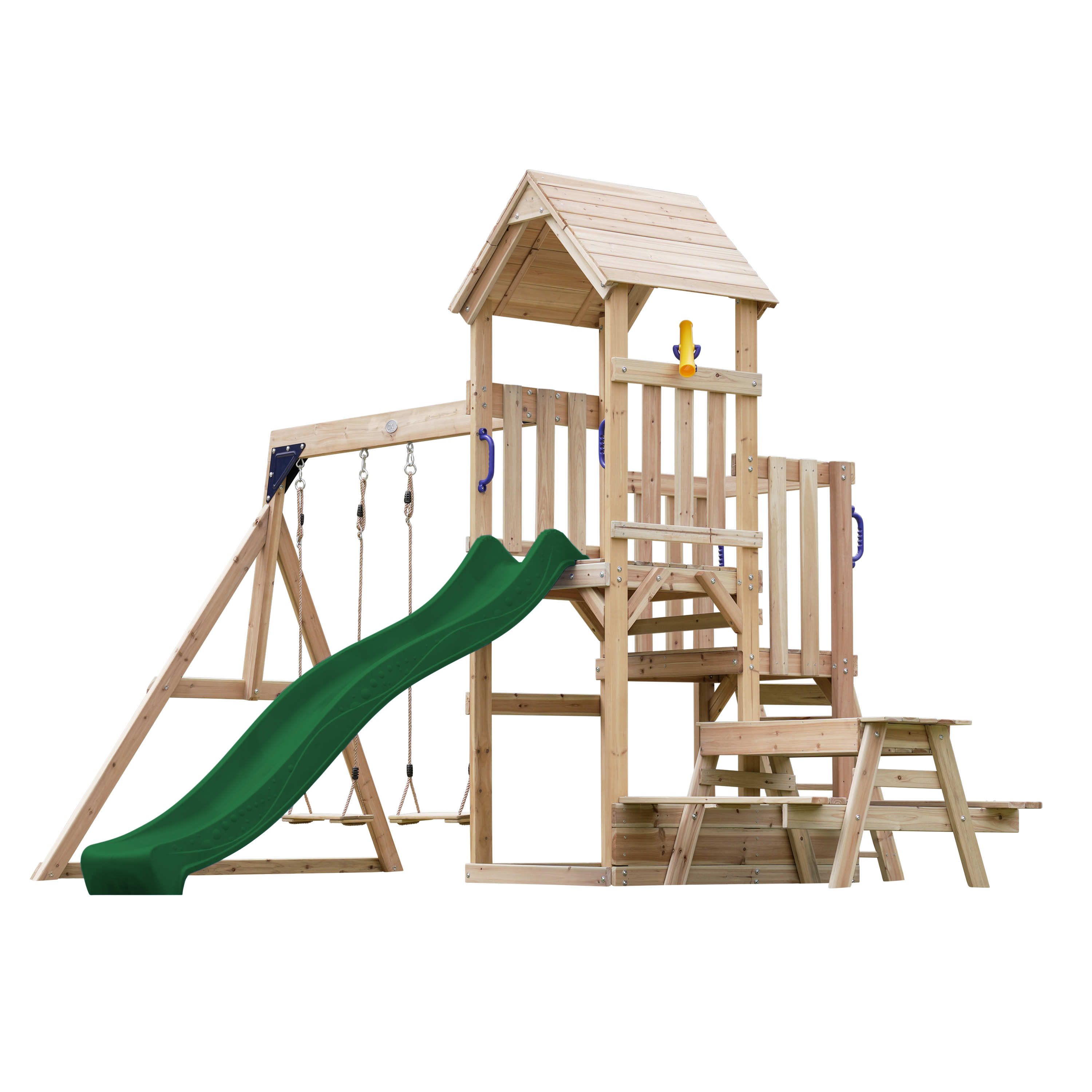 AXI Mette Climbing Frame with Double Swing Set and Picnic Table - Green Slide