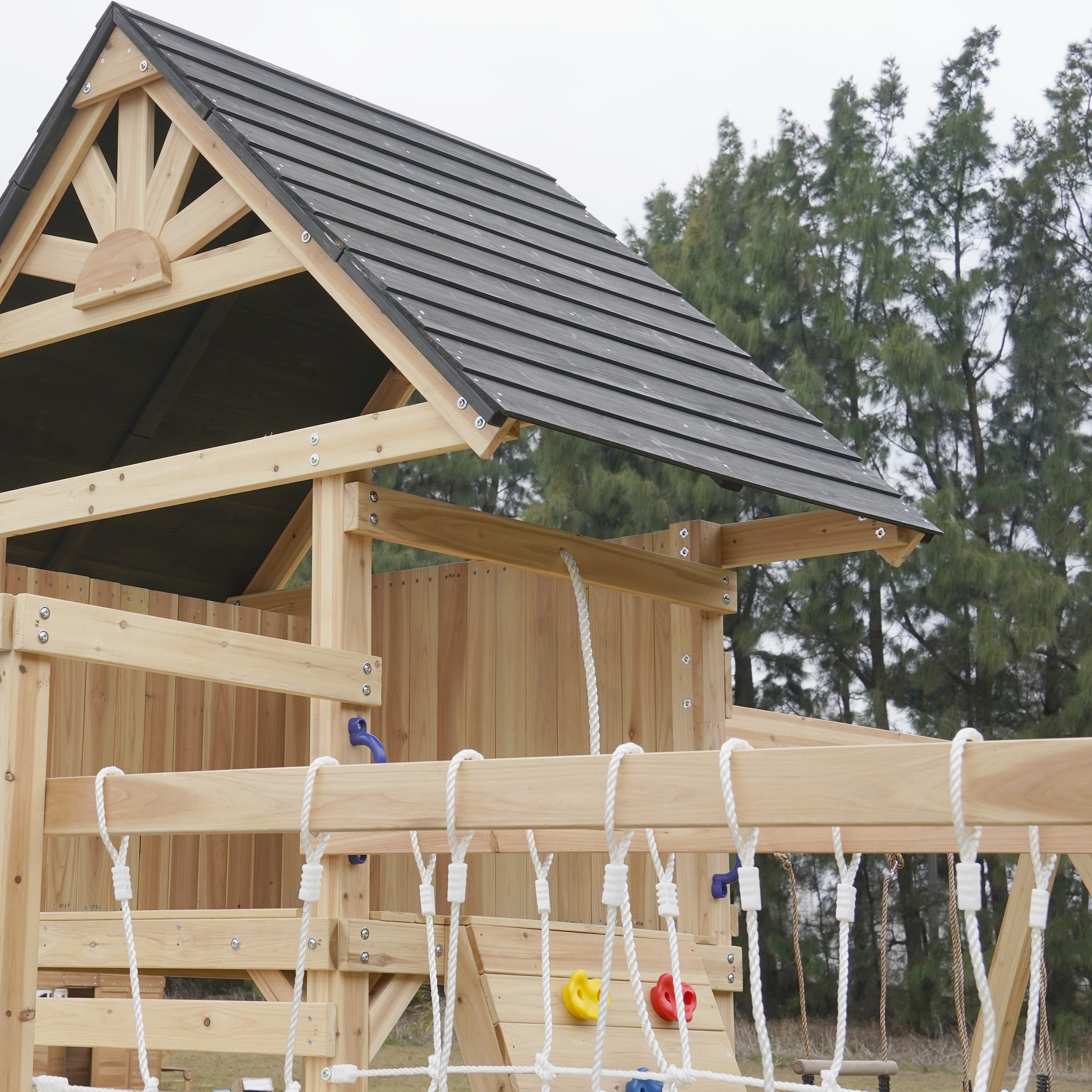 AXI Hunter Climbing Frame with Swings, Climbing Frame, Climbing Bridge and Multiple Platforms – Pastel Blue Double Slide