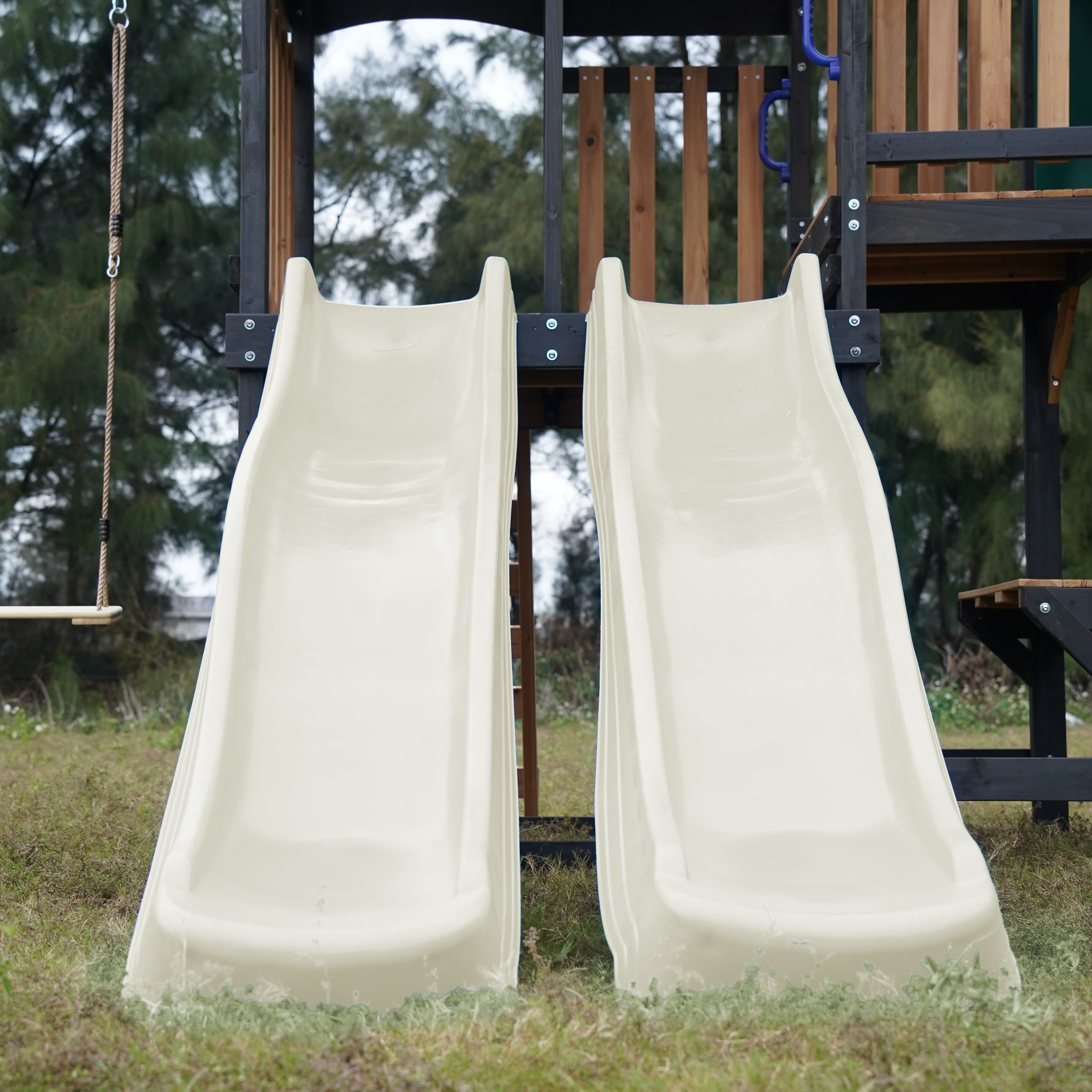 AXI Cody Climbing Frame with Swings. Trapeze and Climbing Wall – Cream Double Slide and Tube Slide