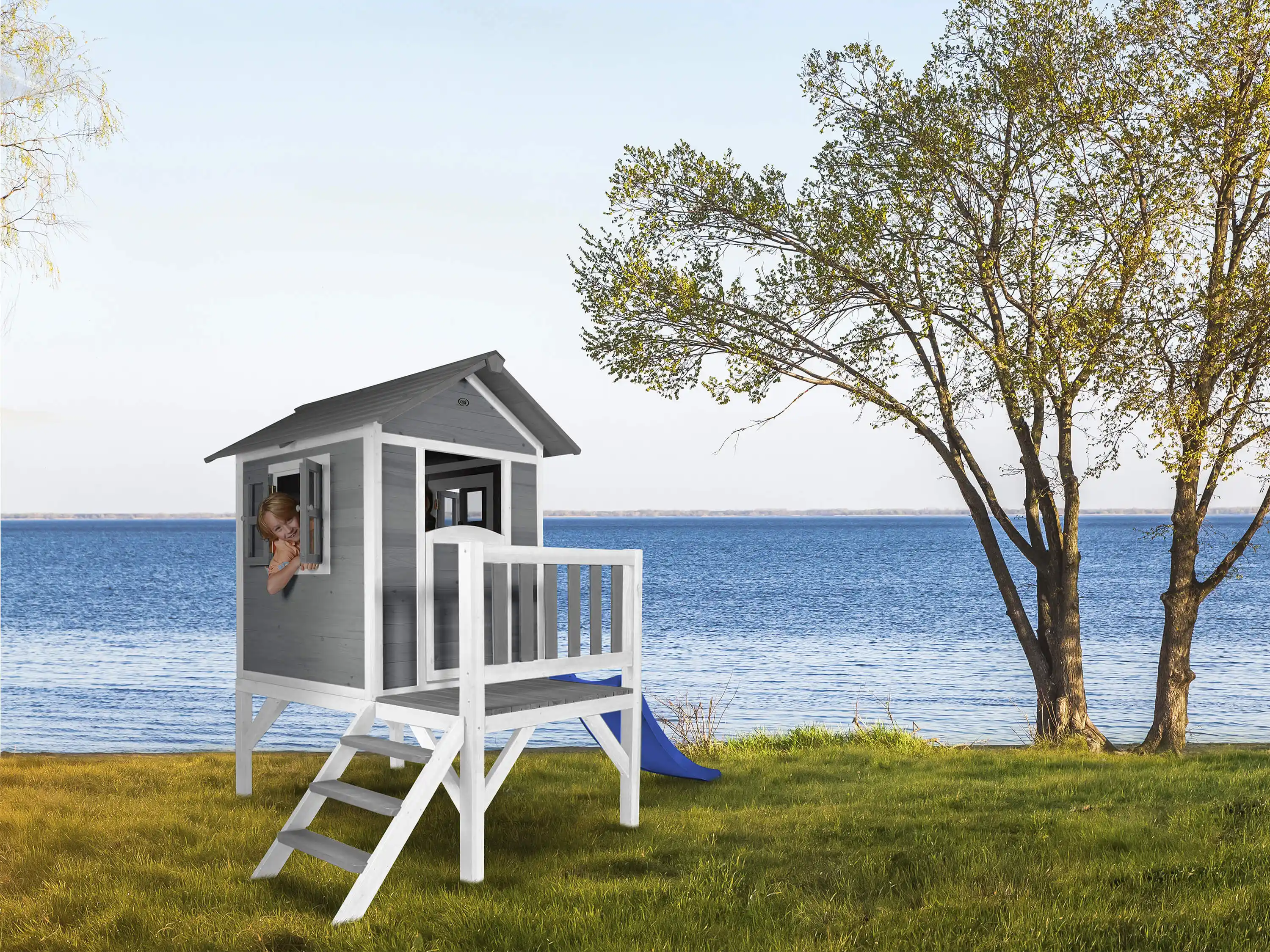 AXI Lodge XL Speelhuis Cool Grijs - Blauwe Glijbaan