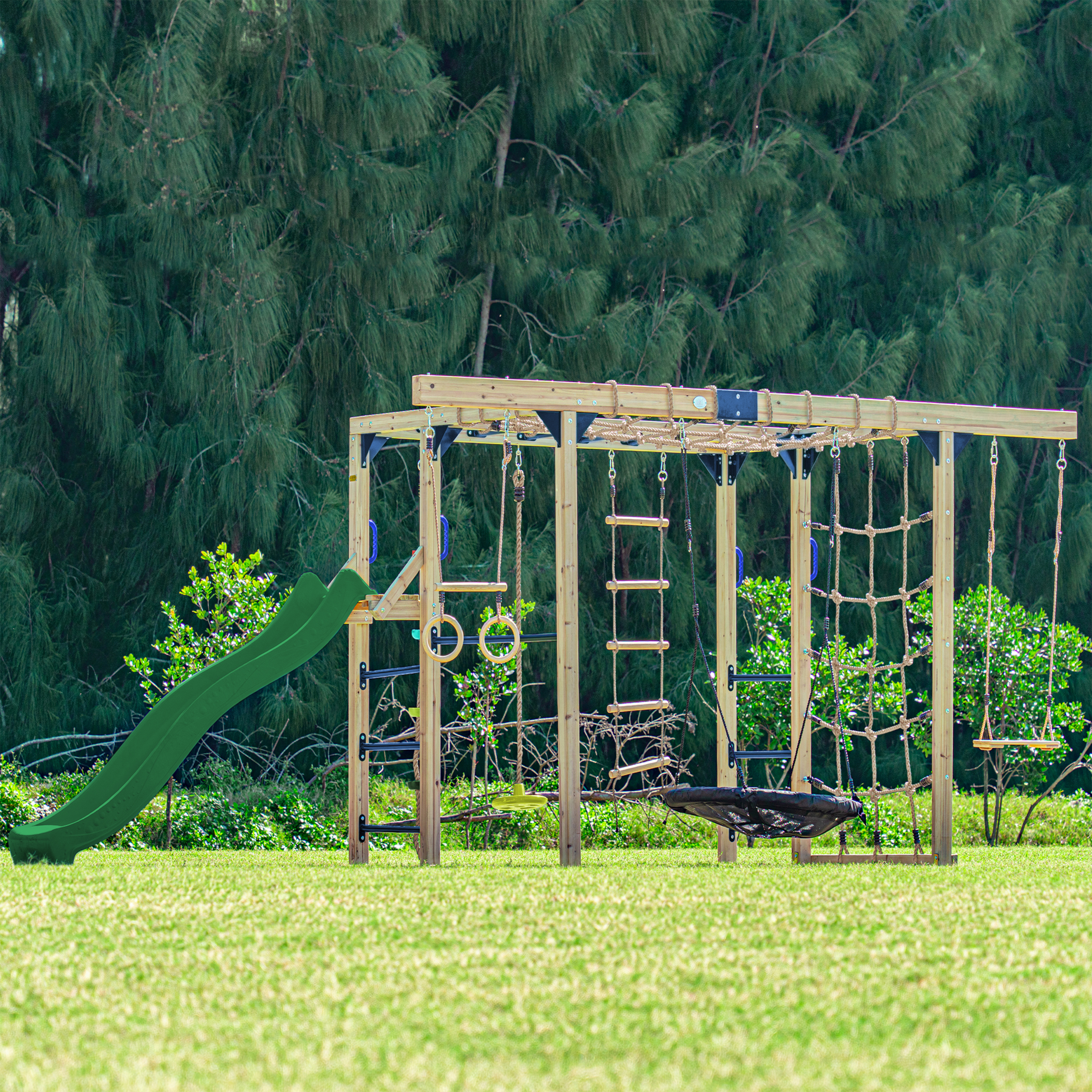 AXI Boris Wooden Playcentre with Swings. Trapeze. Climbing Nets and Monkey Bars – Green Slide
