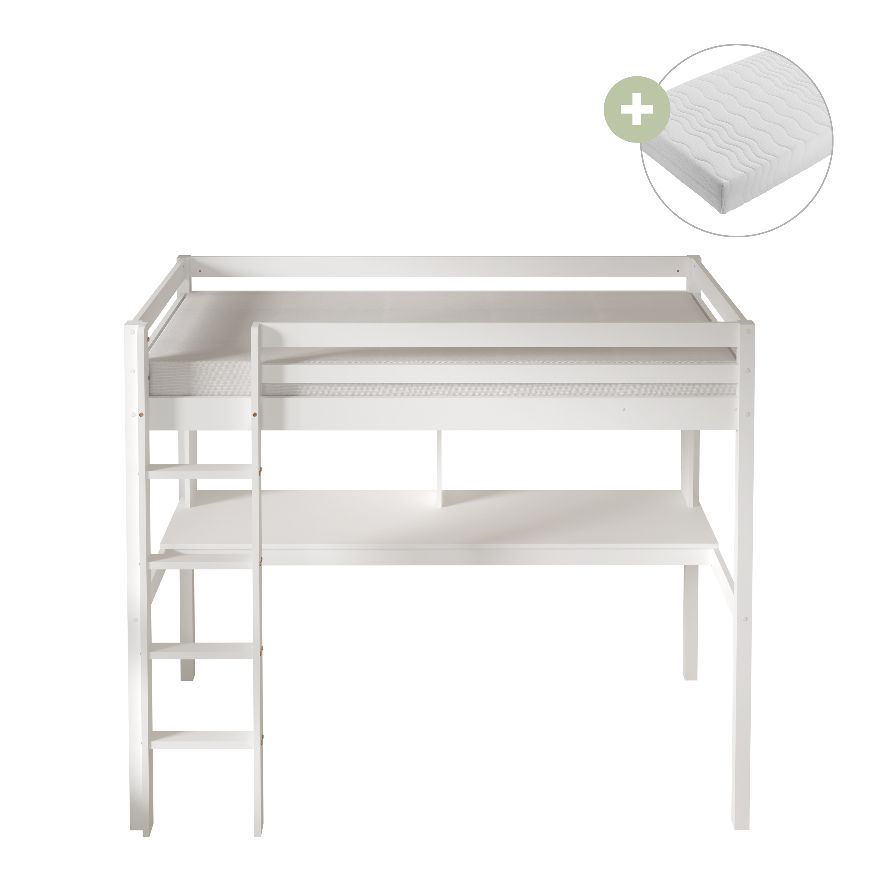Sunny Sil Loft Bed with Desk White – With Mattress