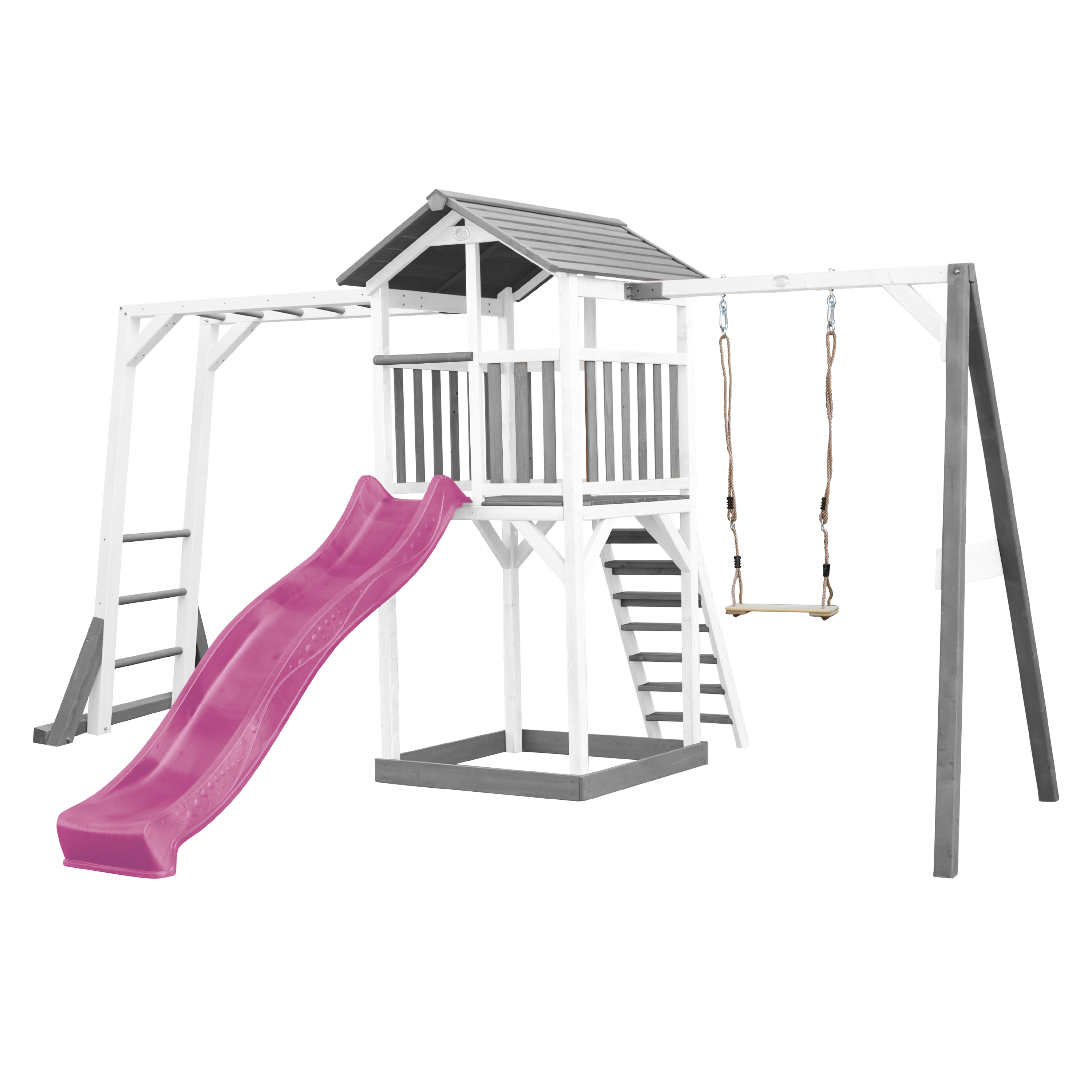 AXI Beach Tower with Climbing Frame and Single Swing Set Grey/White - Purple Slide
