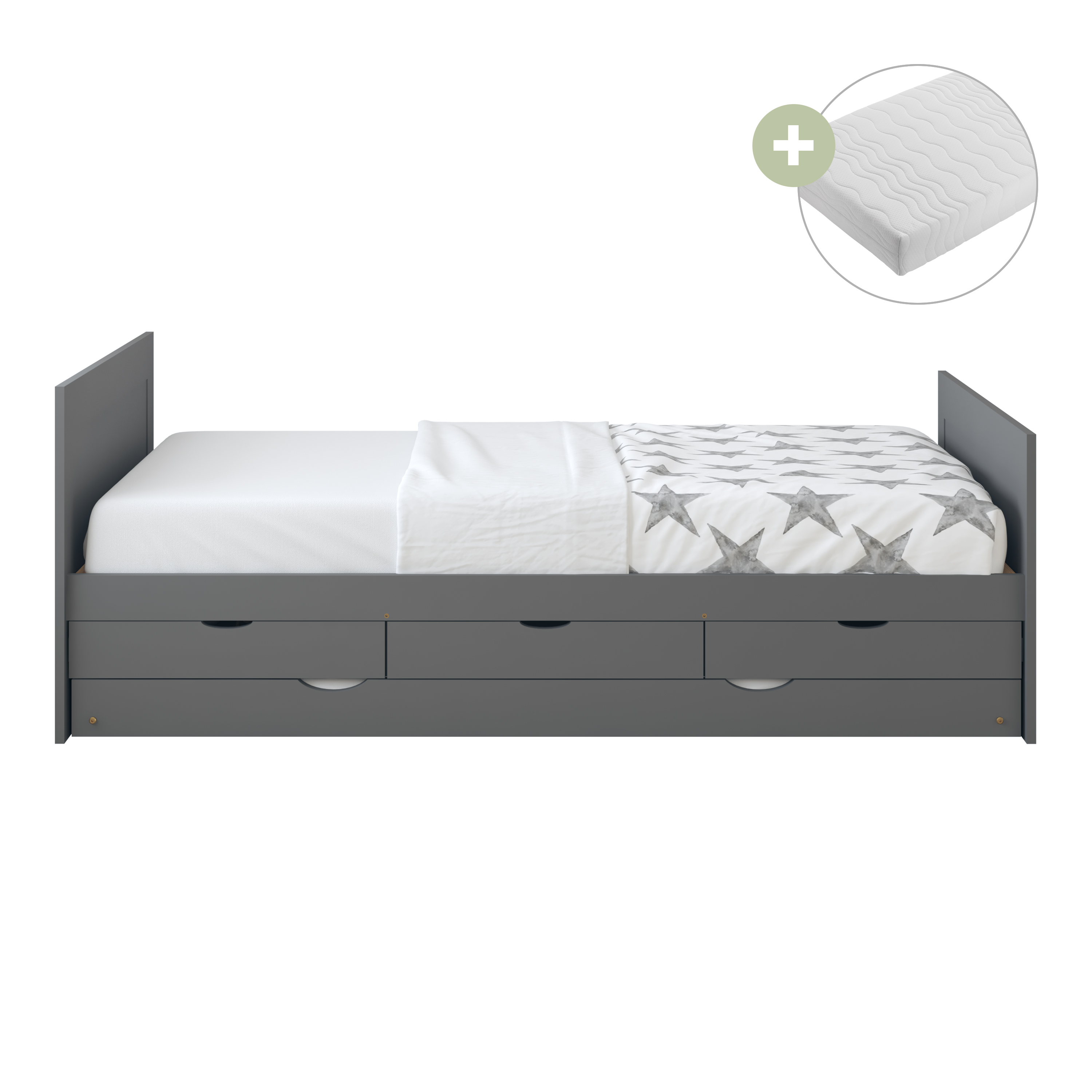 Sunny Eli Kids Bed with Pull-Out Bed and 3 Storage Drawers Grey – With Mattress
