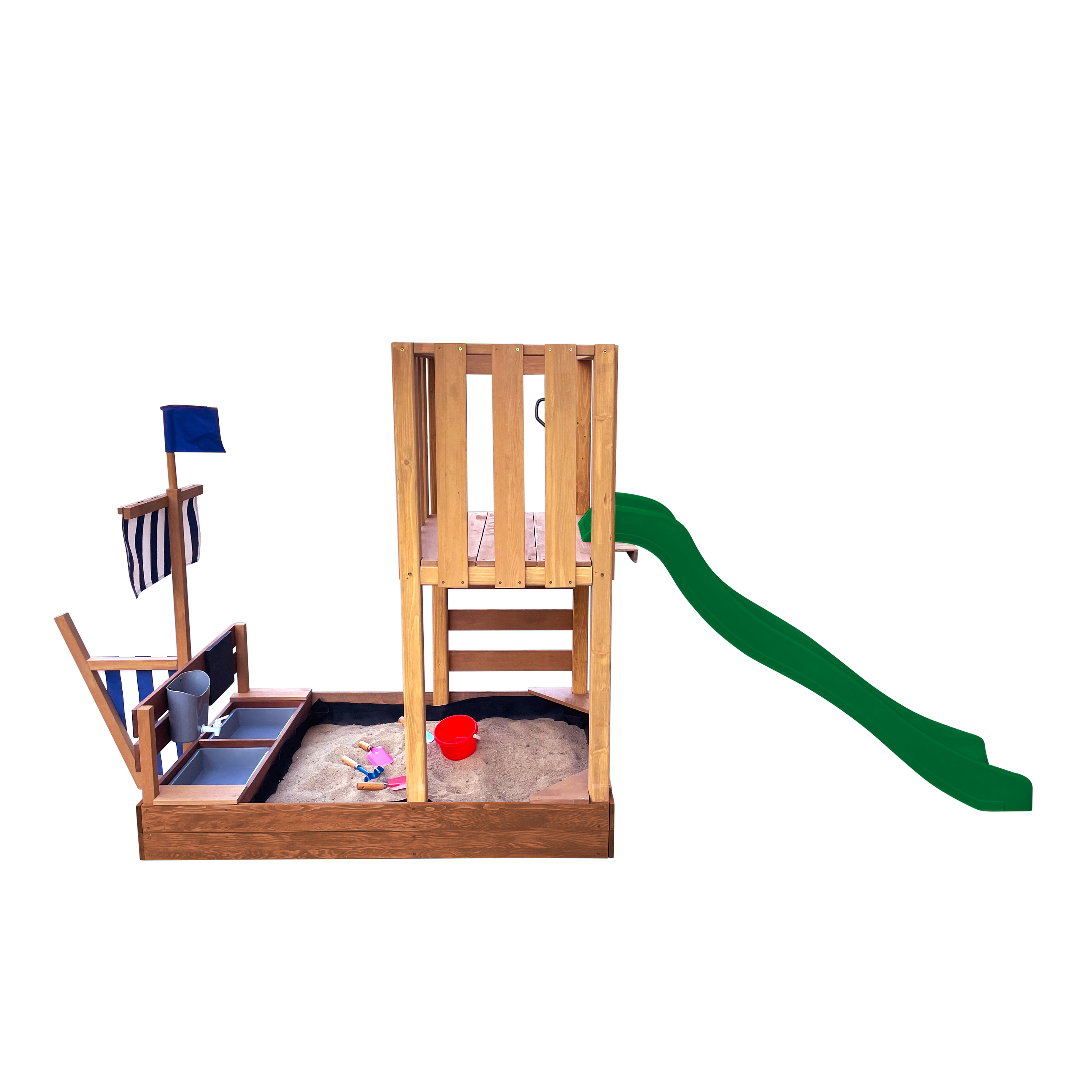 AXI Vicky Climbing Frame with Sandbox, Play Kitchen & Chalkboard – Green Slide