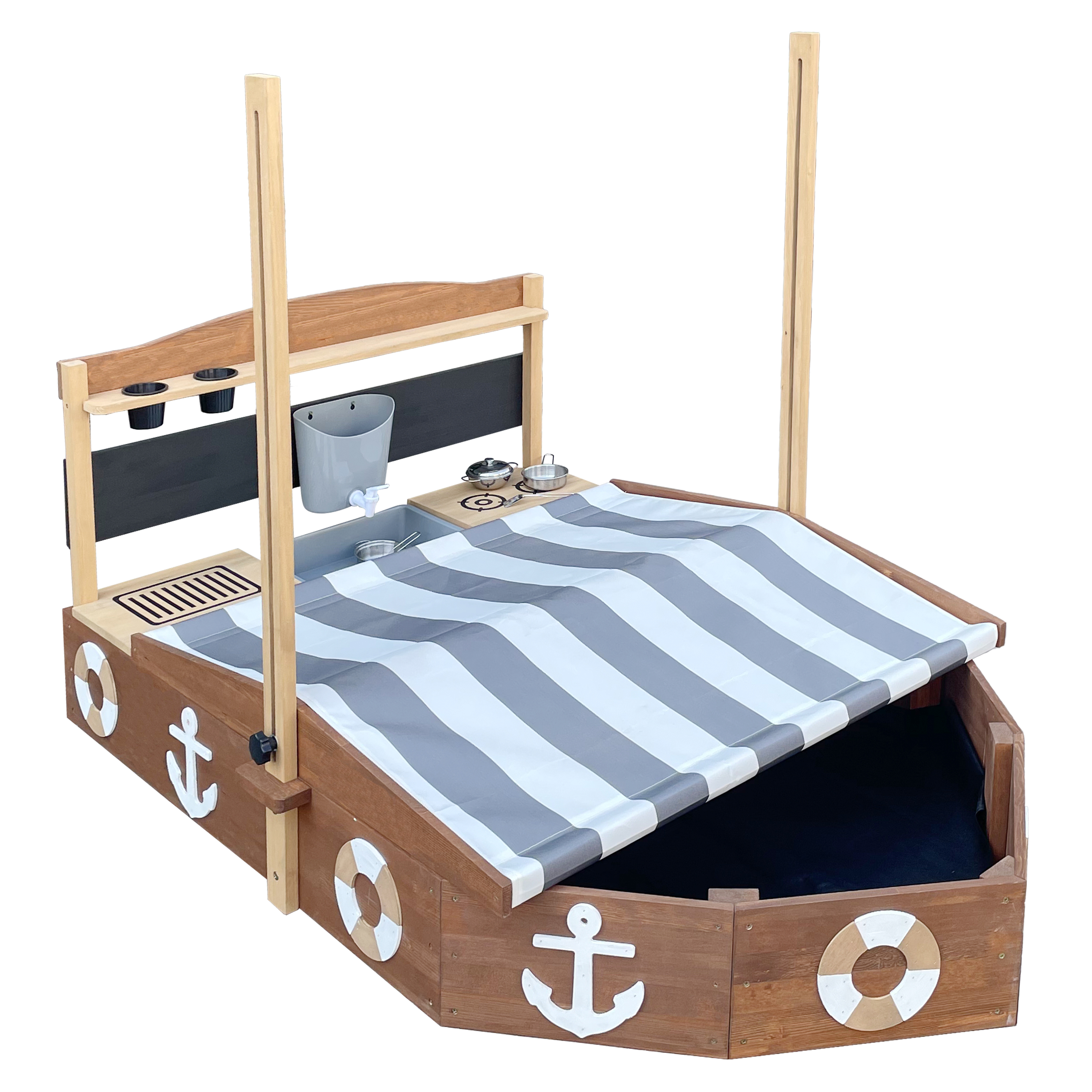 AXI Dora Boat Sandbox with Play Kitchen and Roof 160 x 100 cm Brown/Anthracite