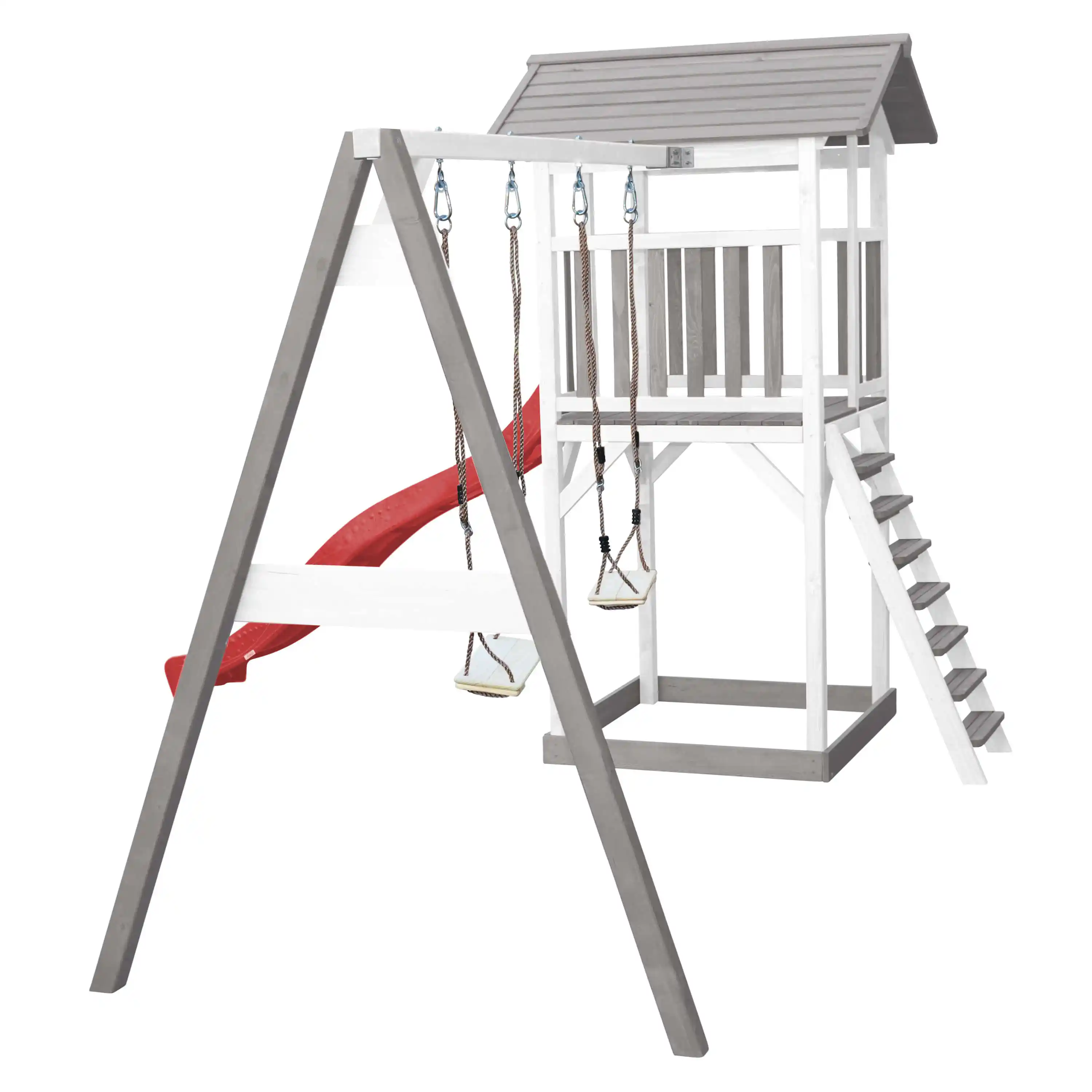 AXI Beach Tower Speeltoren met Dubbele Schommel Grijs/wit - Rode Glijbaan