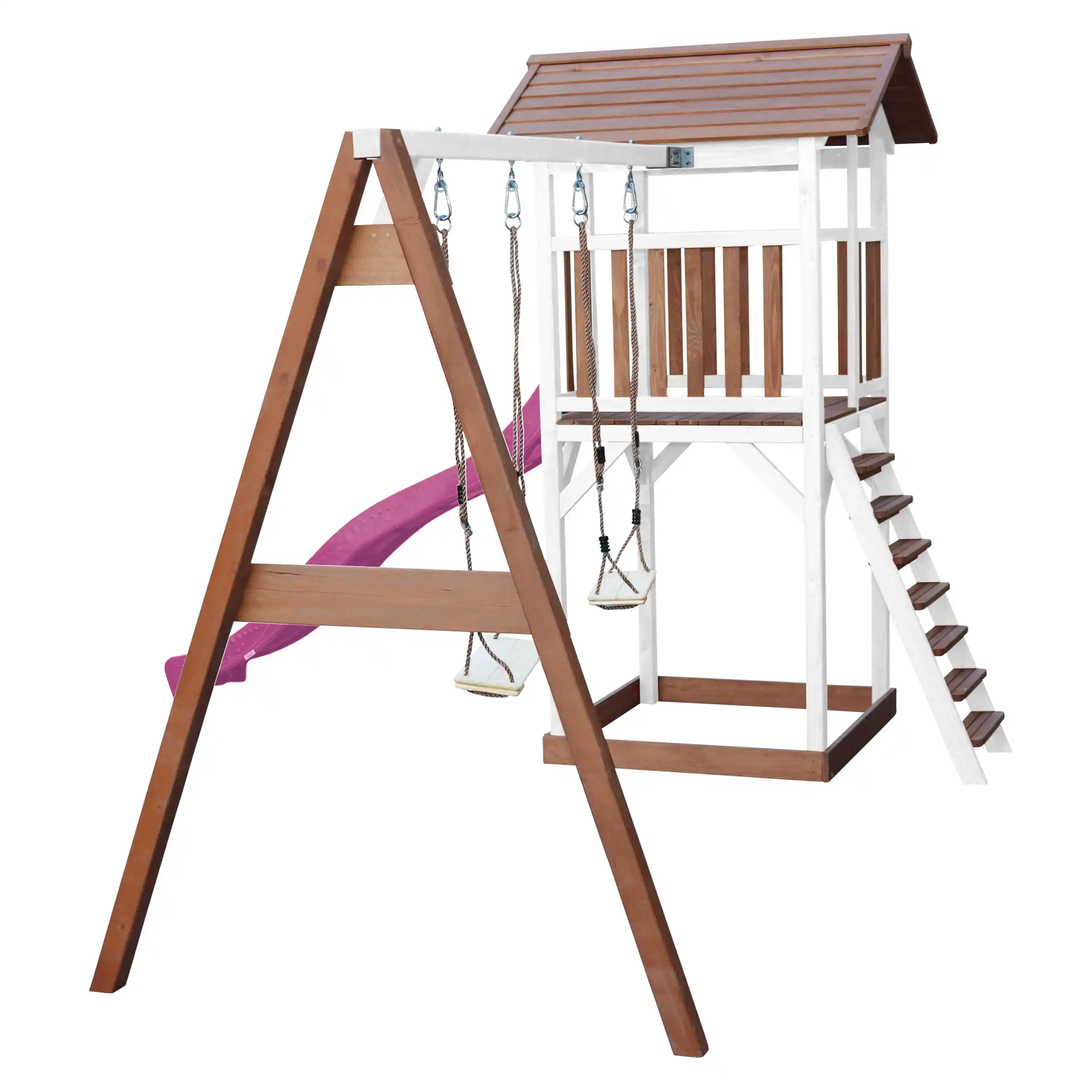 AXI Beach Tower Speeltoren met Dubbele Schommel Bruin/wit - Paarse Glijbaan