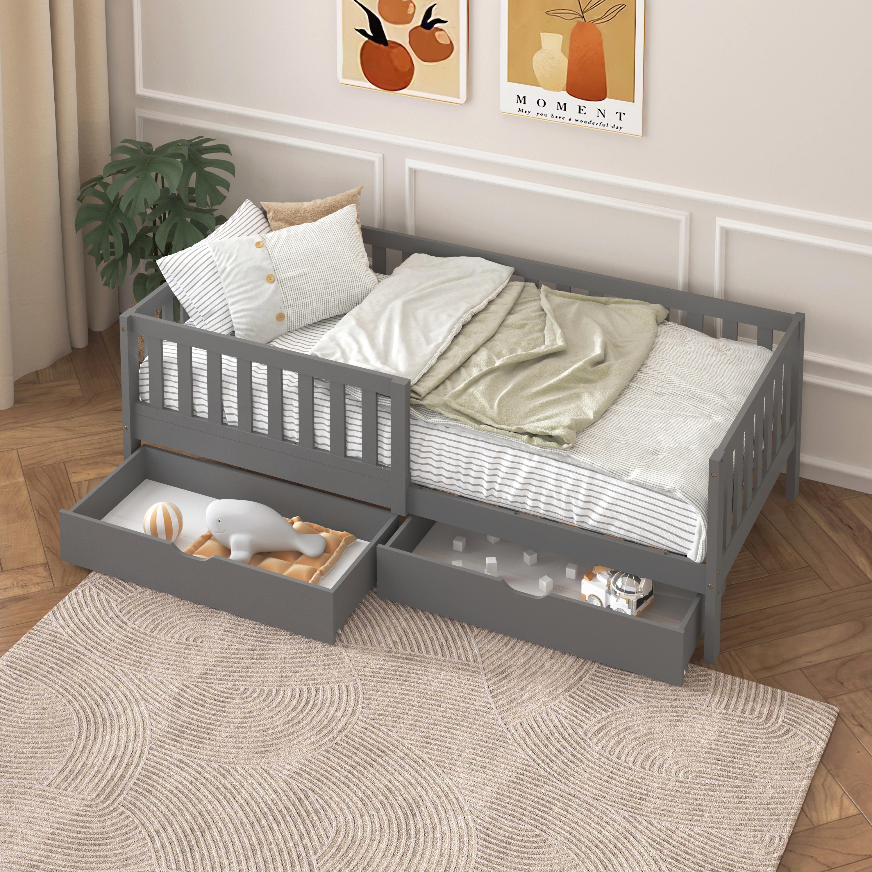 Sunny Isa Kids Bed with 2 Storage Drawers and Guardrail Grey – Without Mattress-8720365068560 Sunny Isa Kids Bed with 2 Storage Drawers and Guardrail Grey – Without Mattress