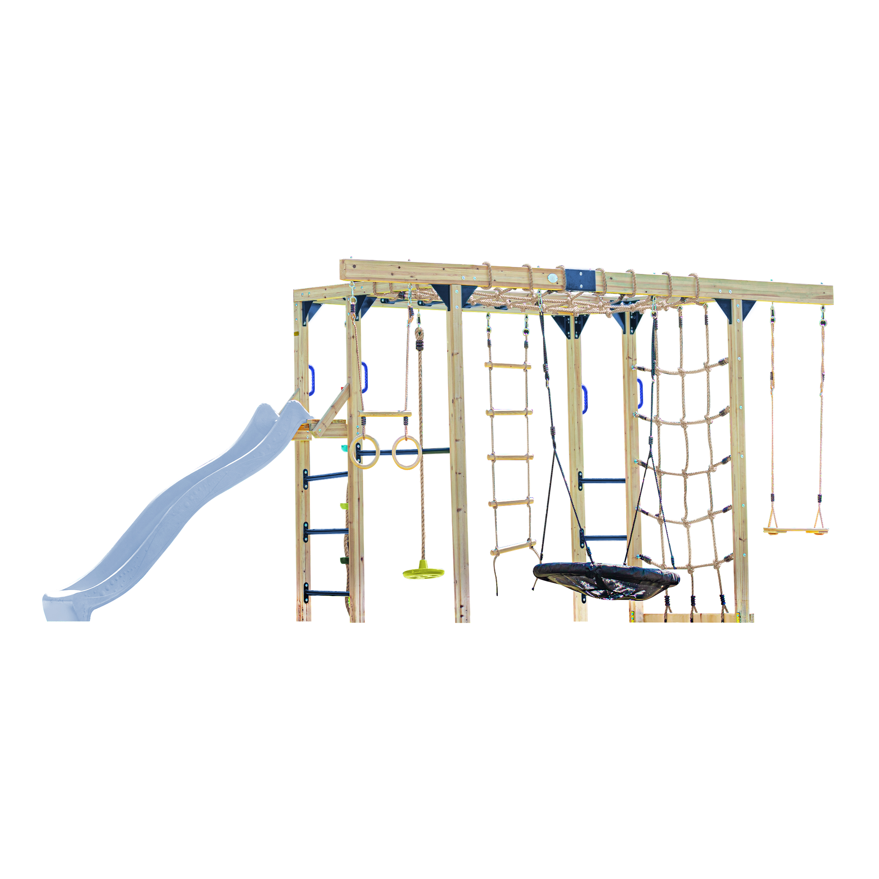AXI Boris Wooden Playcentre with Swings. Trapeze. Climbing Nets and Monkey Bars – Pastel Blue Slide