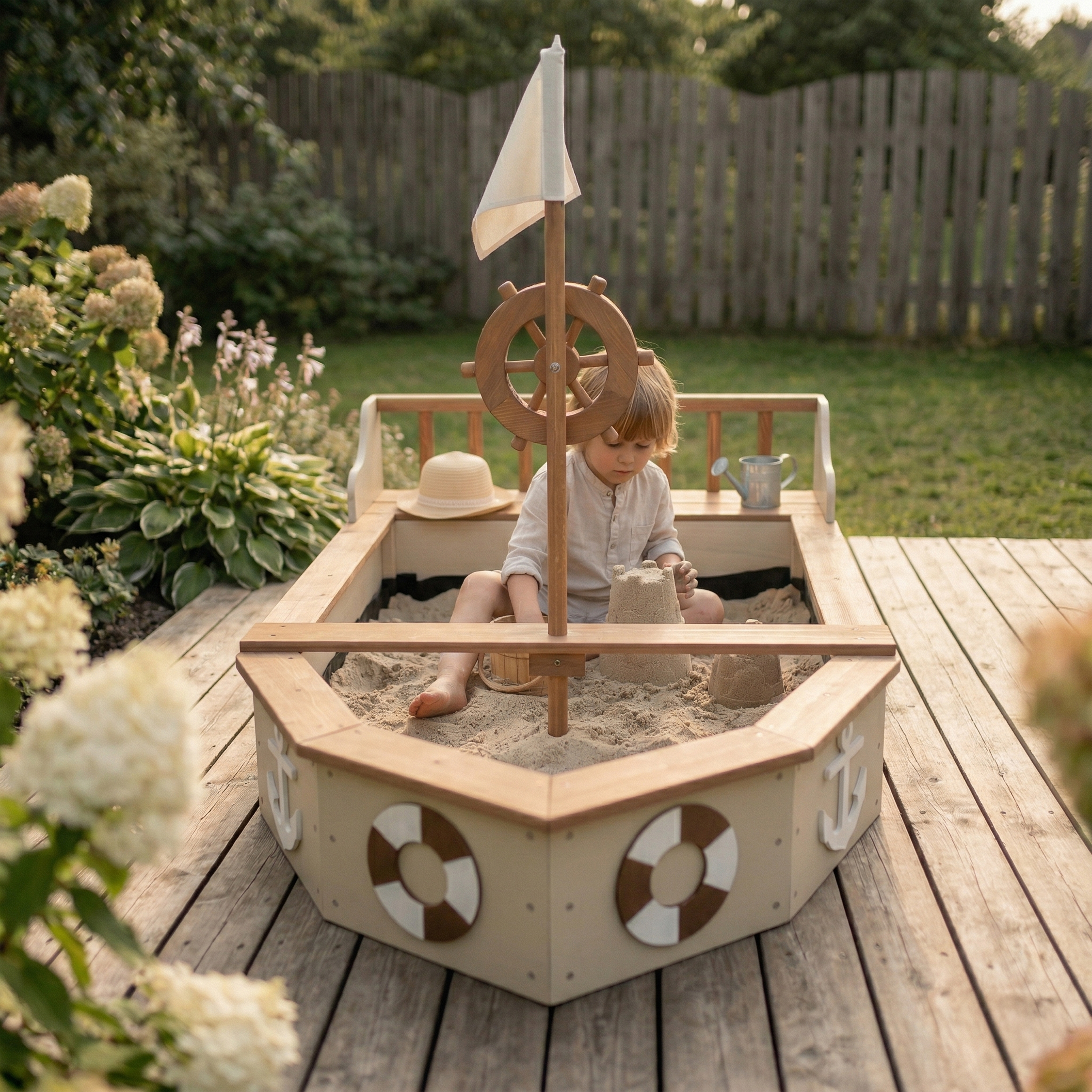 AXI Doris Boat Sandbox with storage bench - 153 x 90 x 100 cm - Beige