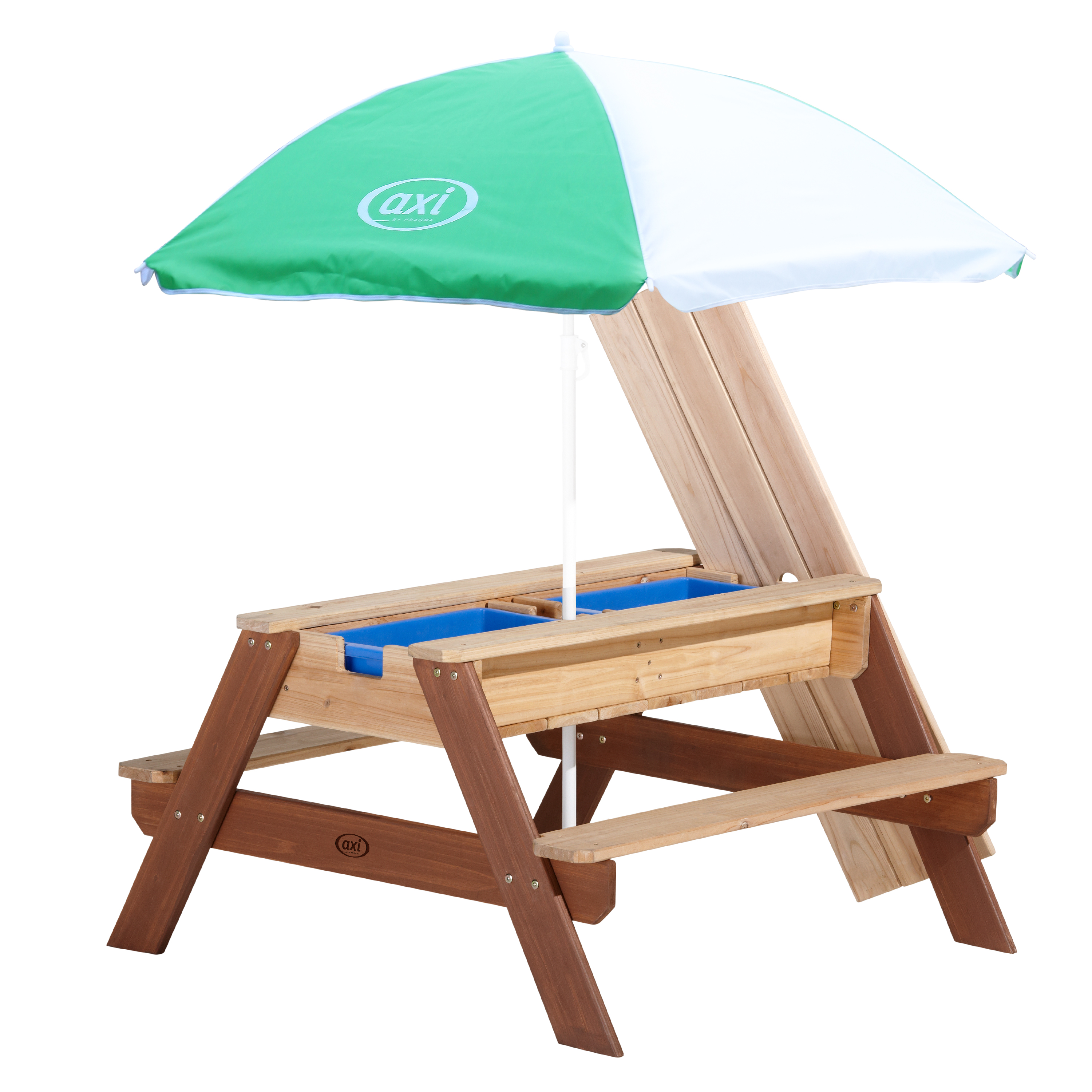 Dennis Zand & Water Picknicktafel met Speelkeuken wastafel en losse bankjes Bruin Parasol Blauw/wit Dennis Zand & Water Picknicktafel met Speelkeuken wastafel en losse bankjes Bruin Parasol Blauw/wit
