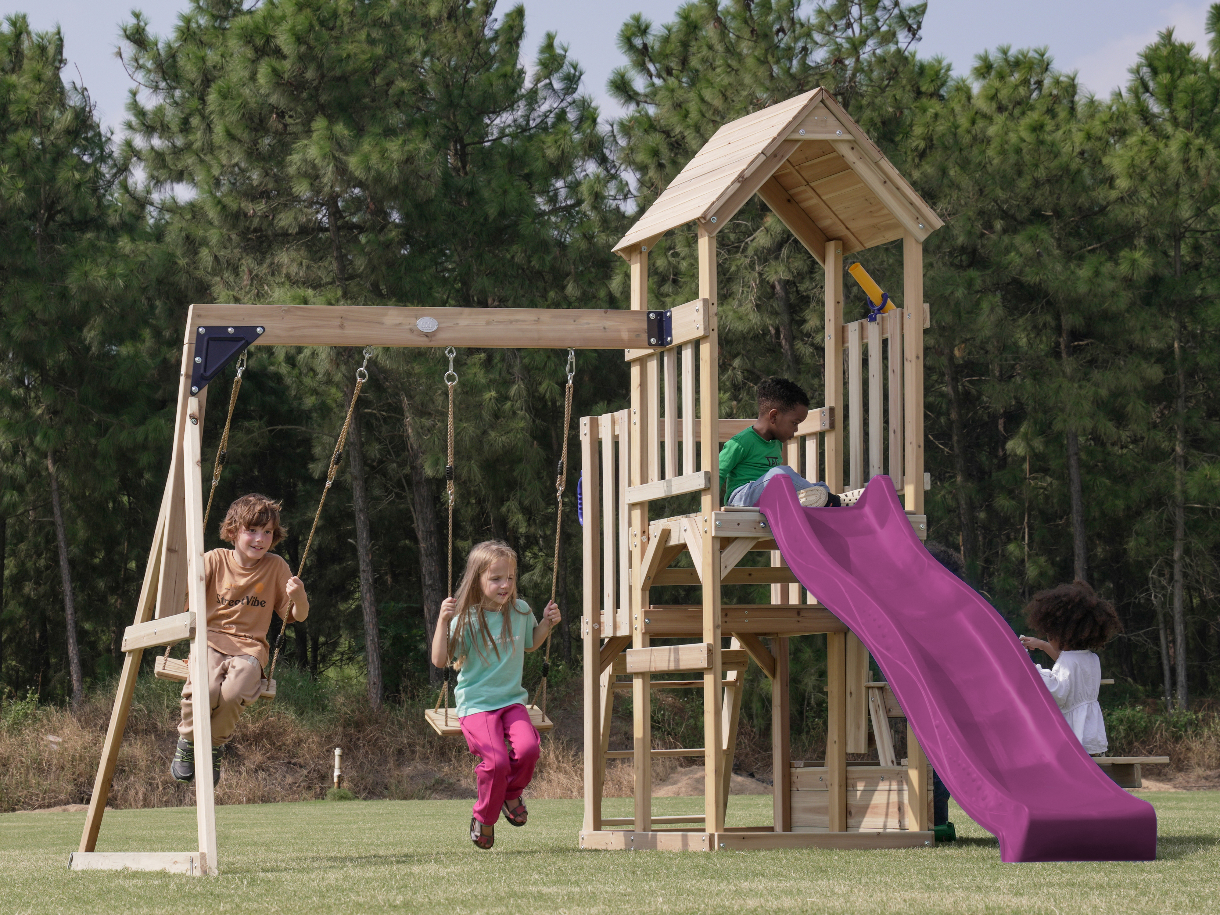 AXI Mette Playground with Double Swing Brown - Purple Slide 