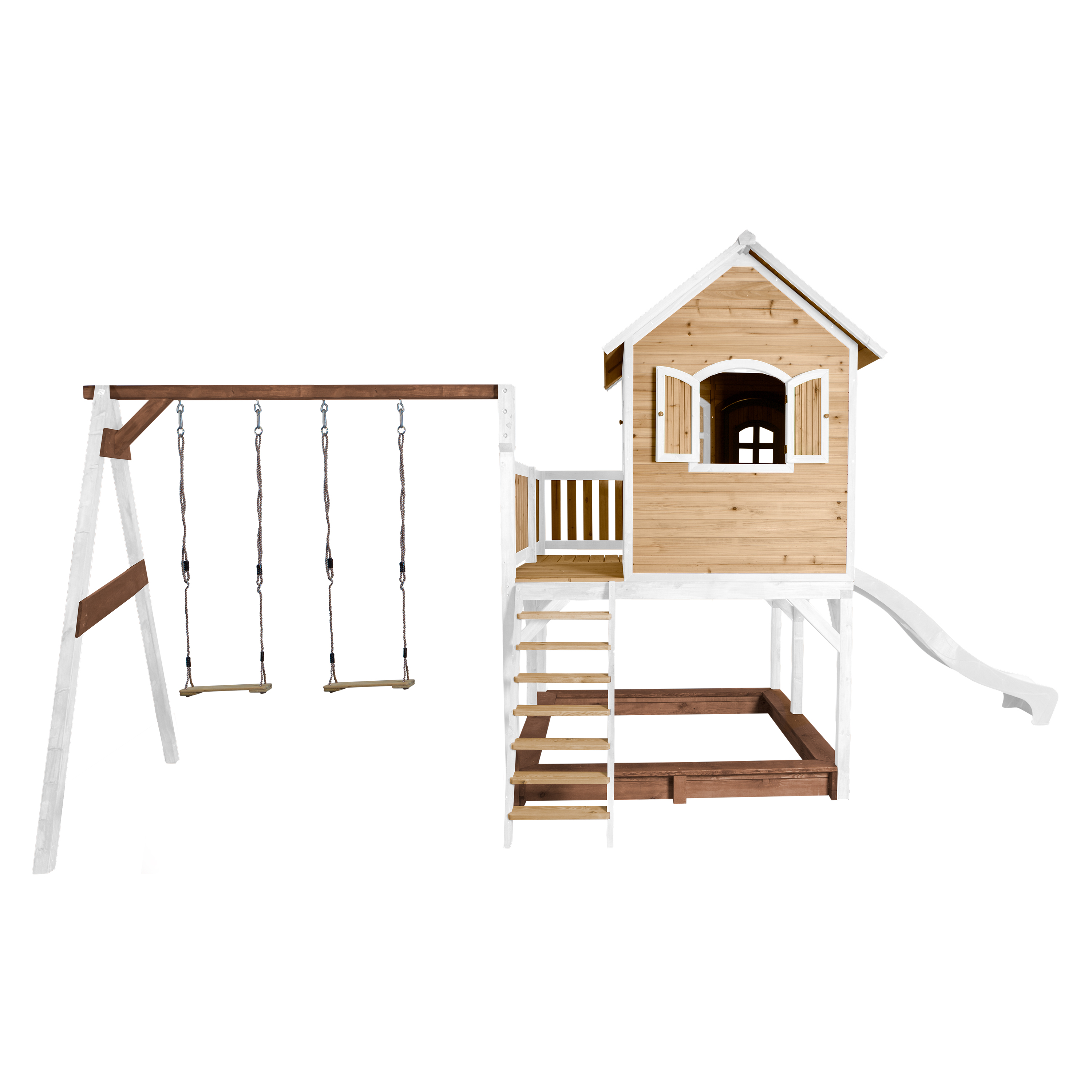 AXI Liam Playhouse with Double Swing Set Brown/White - White Slide-8717973933540 AXI Liam Playhouse with Double Swing Set Brown/White - White Slide