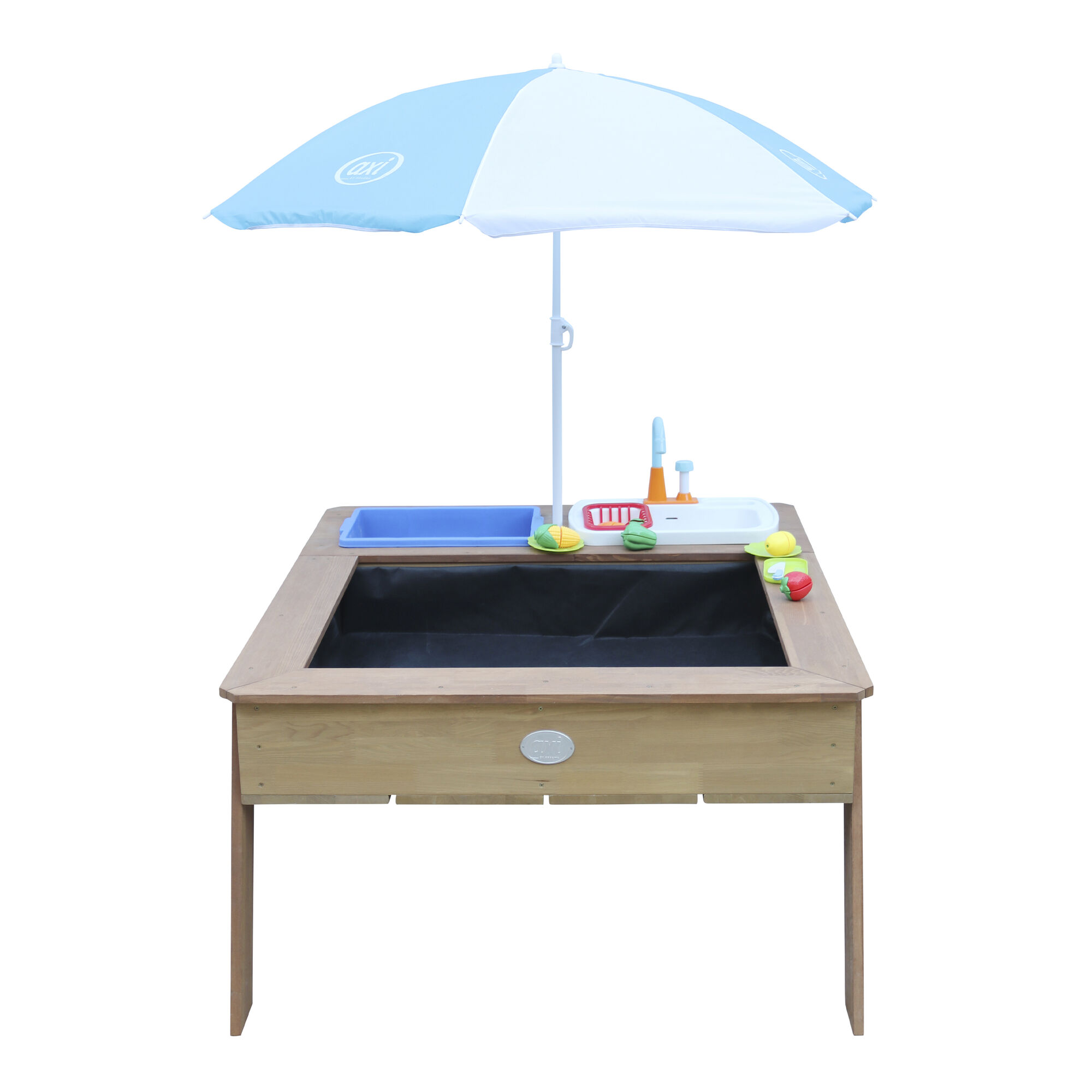 productfoto AXI Linda Zand & Water Tafel met Speelkeuken wastafel Bruin - Parasol Blauw/wit