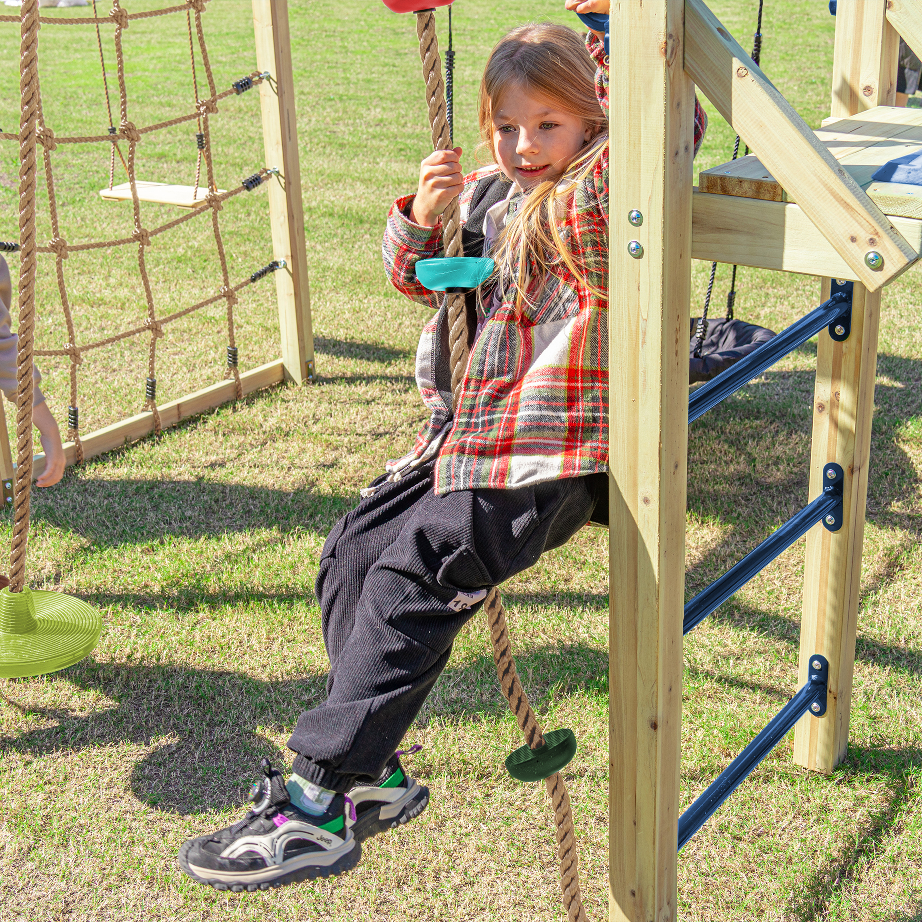 AXI Boris Wooden Playcentre with Swings. Trapeze. Climbing Nets and Monkey Bars – Green Slide