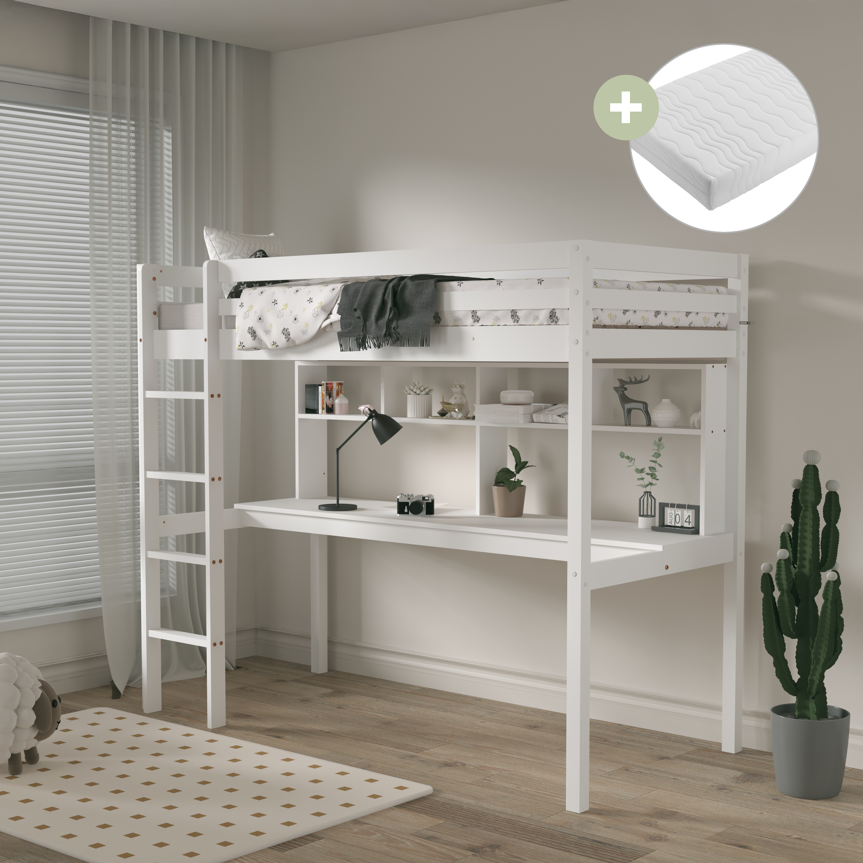 Sunny Sil Loft Bed with Desk White – With Mattress