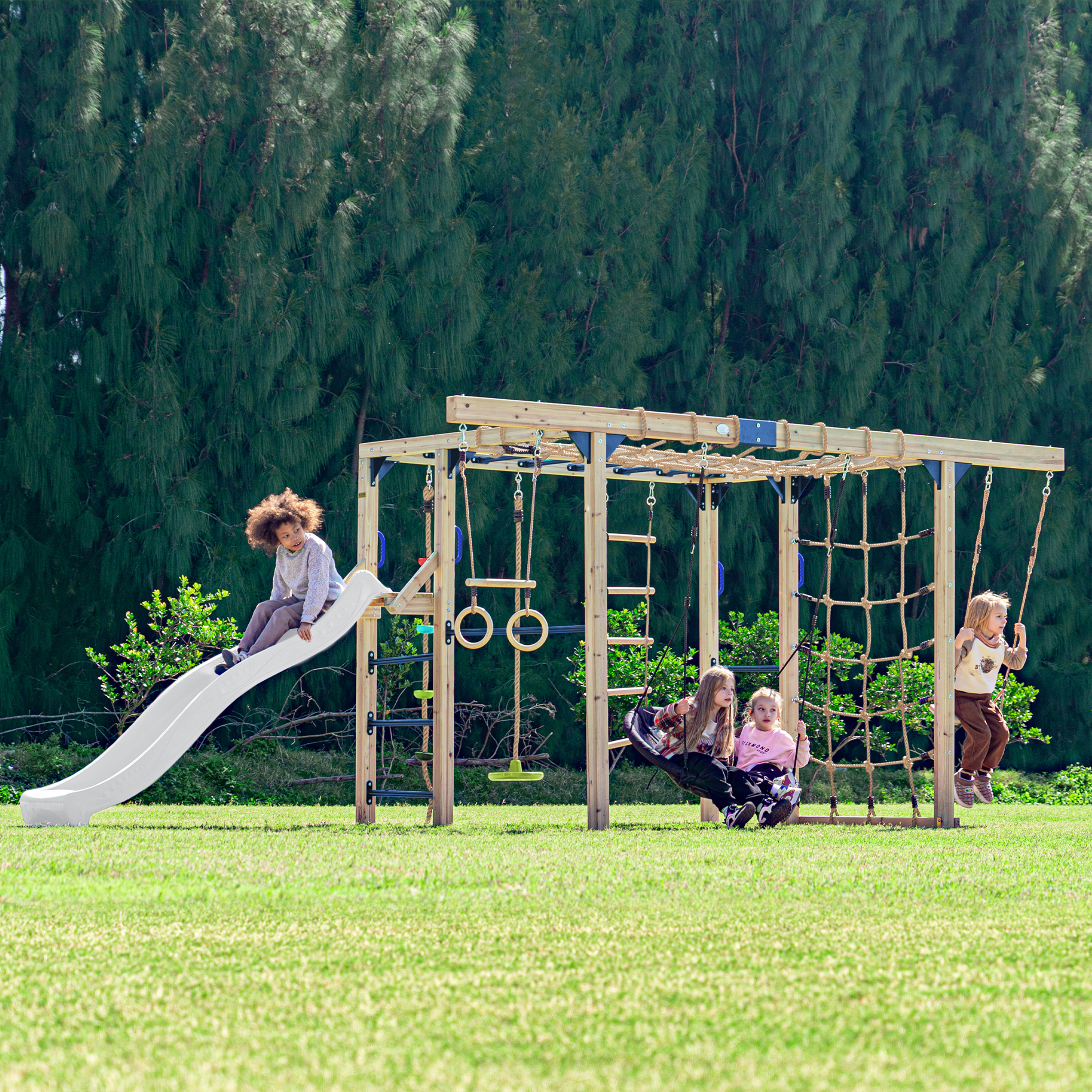 AXI Boris Wooden Playcentre with Swings. Trapeze. Climbing Nets and Monkey Bars – White Slide