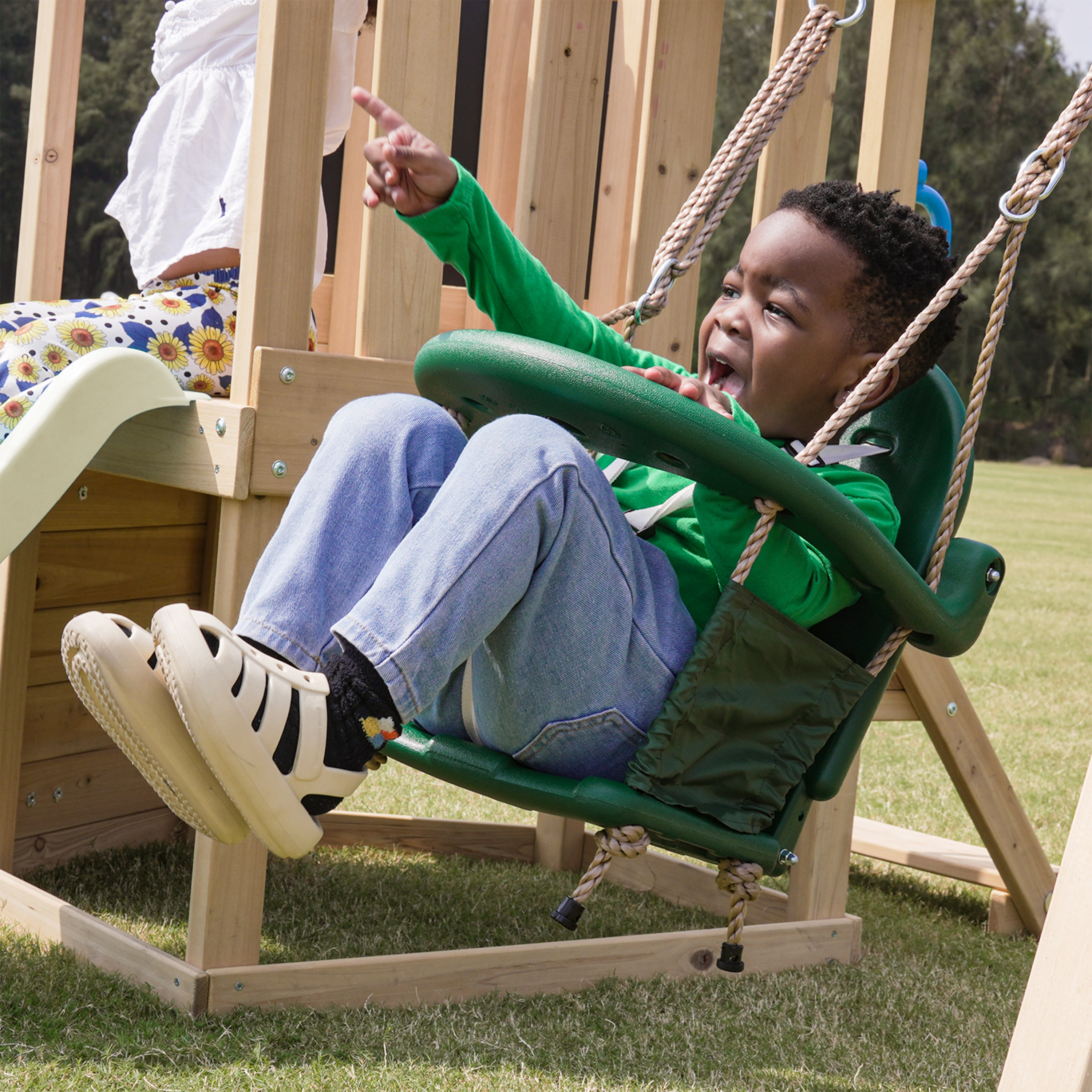 AXI Timo Mini Climbing Frame with Baby Swing, Climbing Wall and Chalkboard – Cream Slide