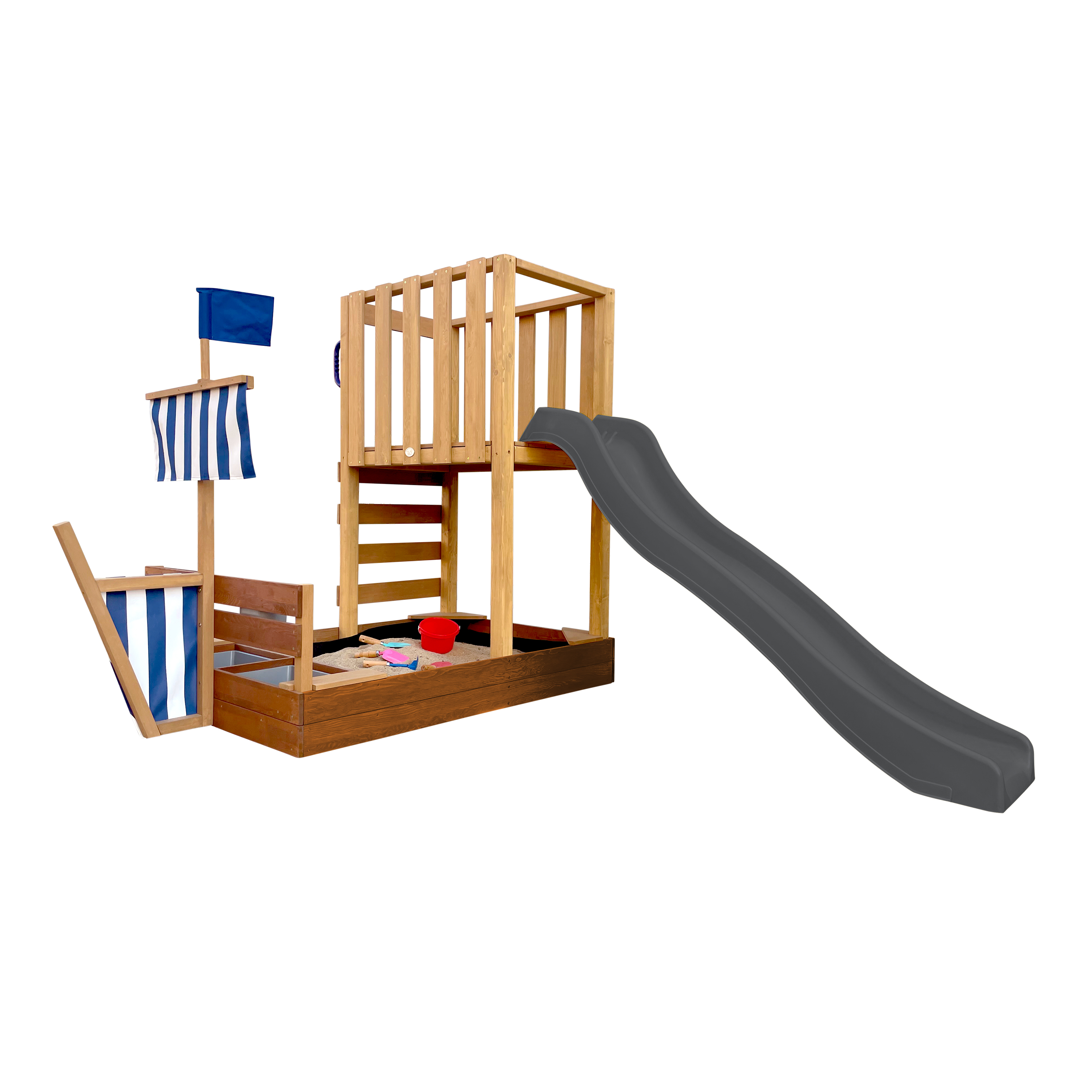 AXI Vicky Climbing Frame with Sandbox. Play Kitchen & Chalkboard – Grey Slide