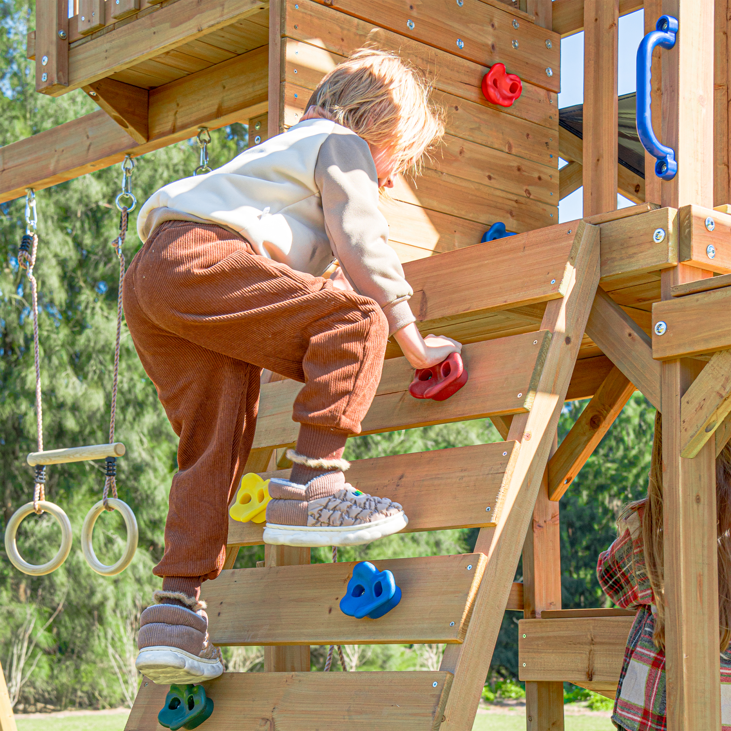 AXI Mitch Climbing Frame with Double Swing. Trapeze and Lookout Tower – Blue Slide