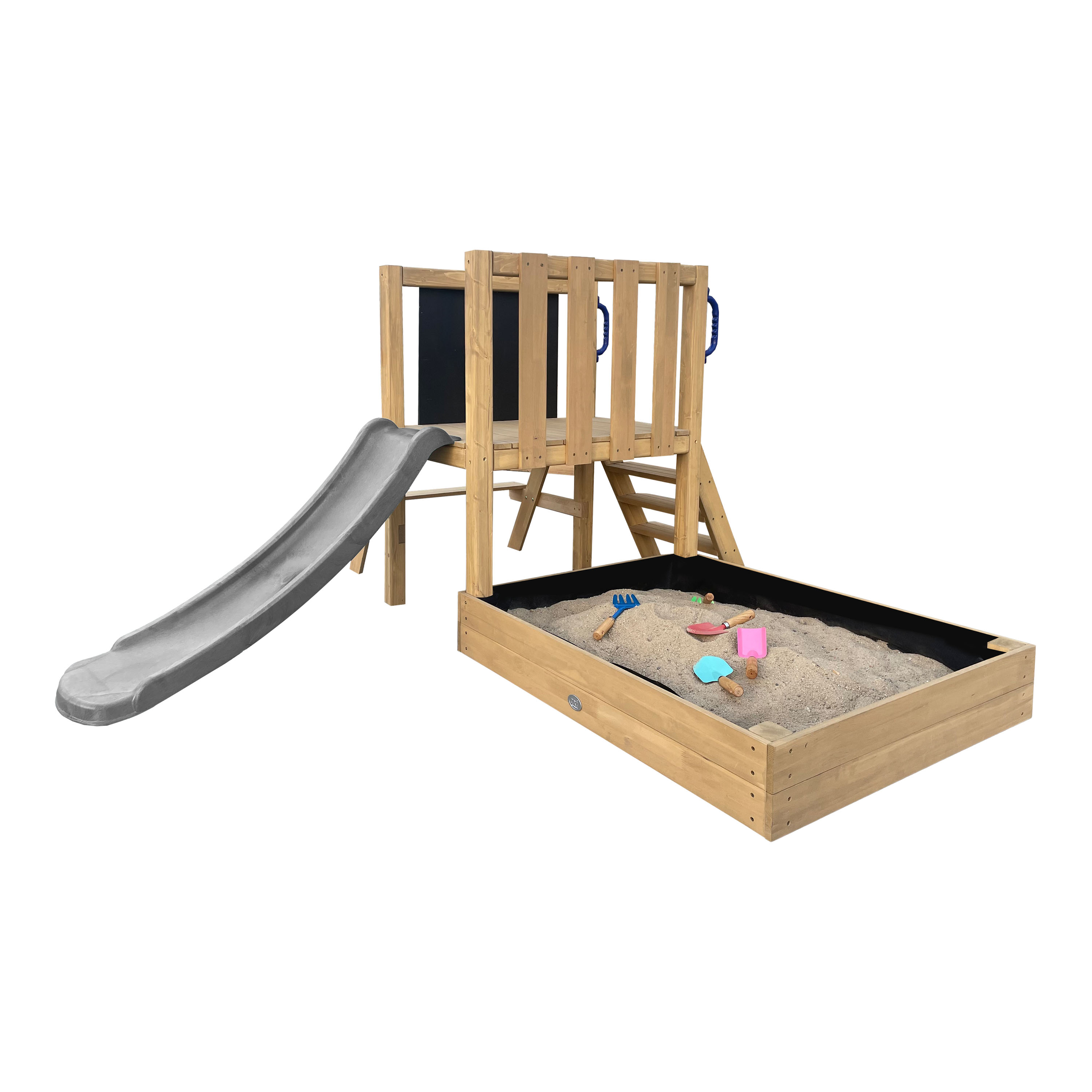 AXI Leah Mini Wooden Playtower with Sandbox. Picnic Table & Chalkboard –  Grey Slide