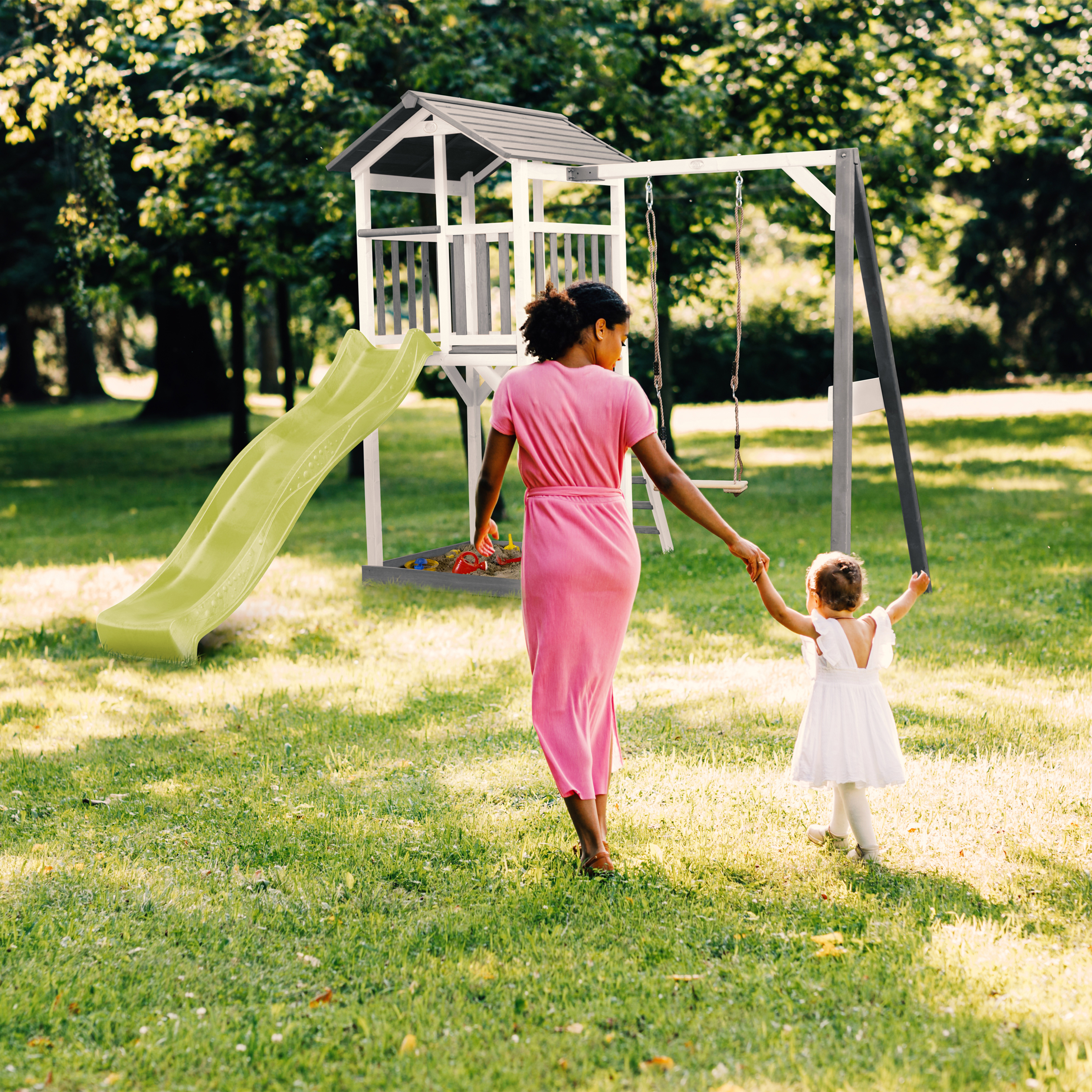 AXI Beach Tower with Single Swing Set Grey/White - Lime Green Slide