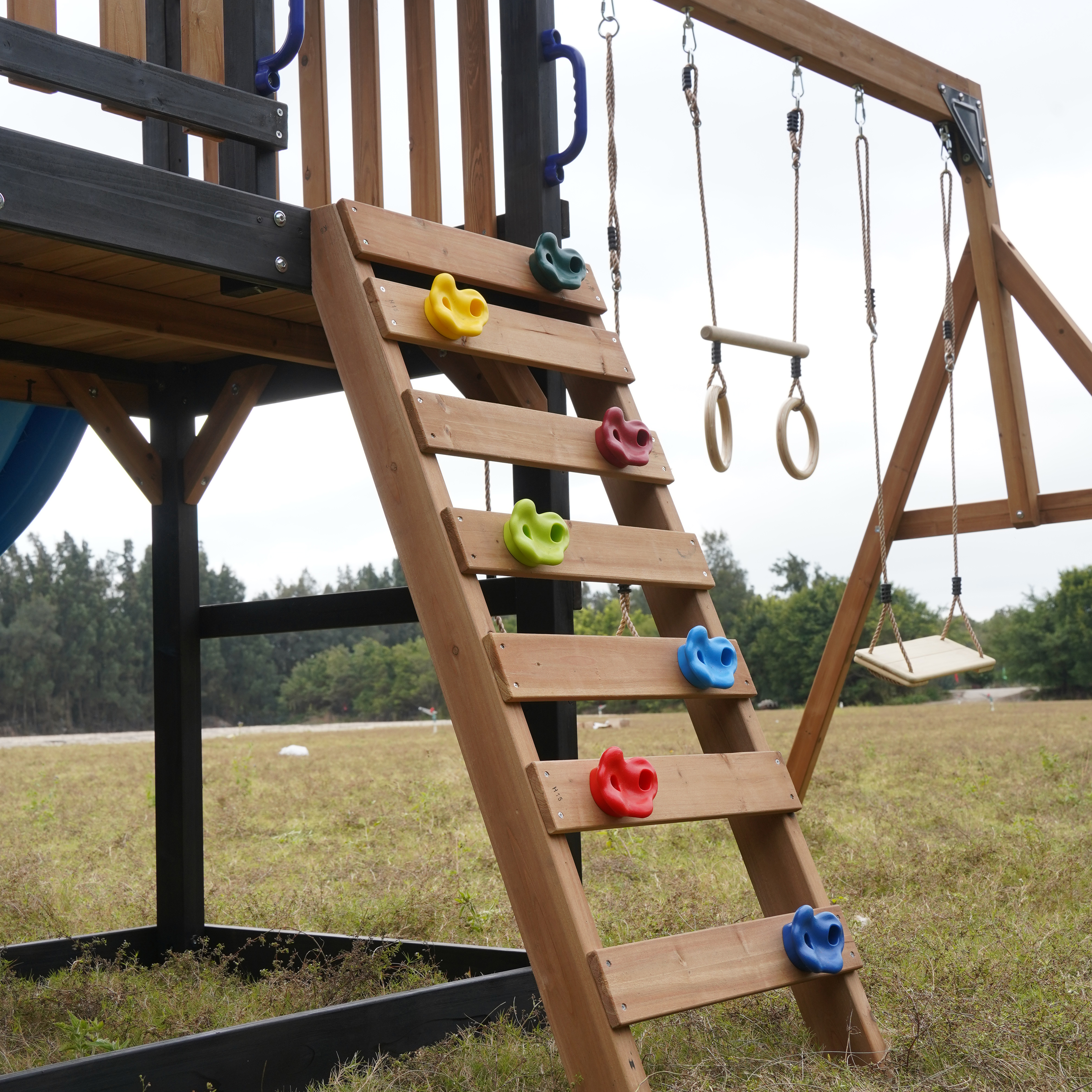 AXI Cody Climbing Frame with Swings. Trapeze and Climbing Wall – Blue Double Slide and Tube Slide
