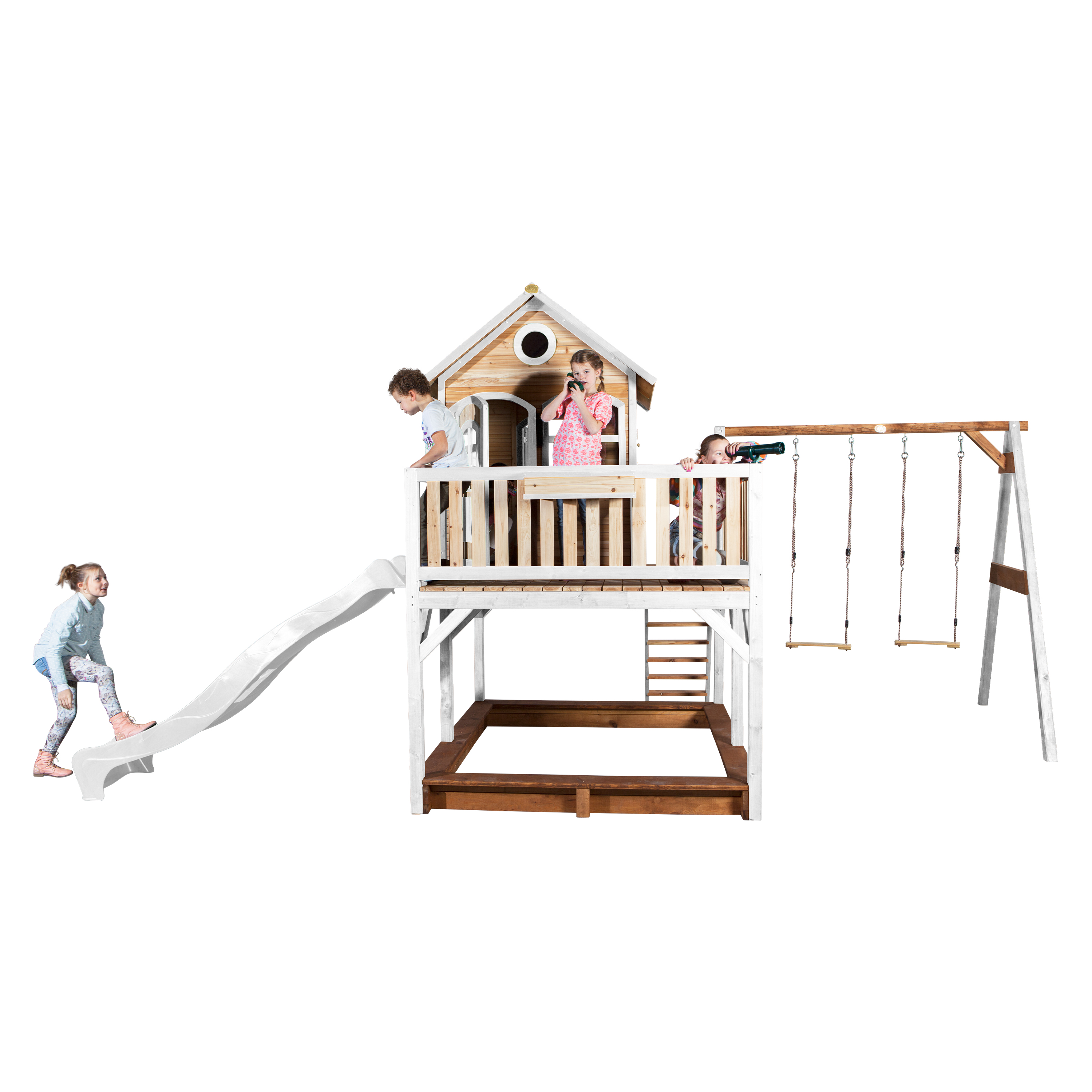 AXI Liam Playhouse with Double Swing Set Brown/White - White Slide-8717973933540 AXI Liam Playhouse with Double Swing Set Brown/White - White Slide