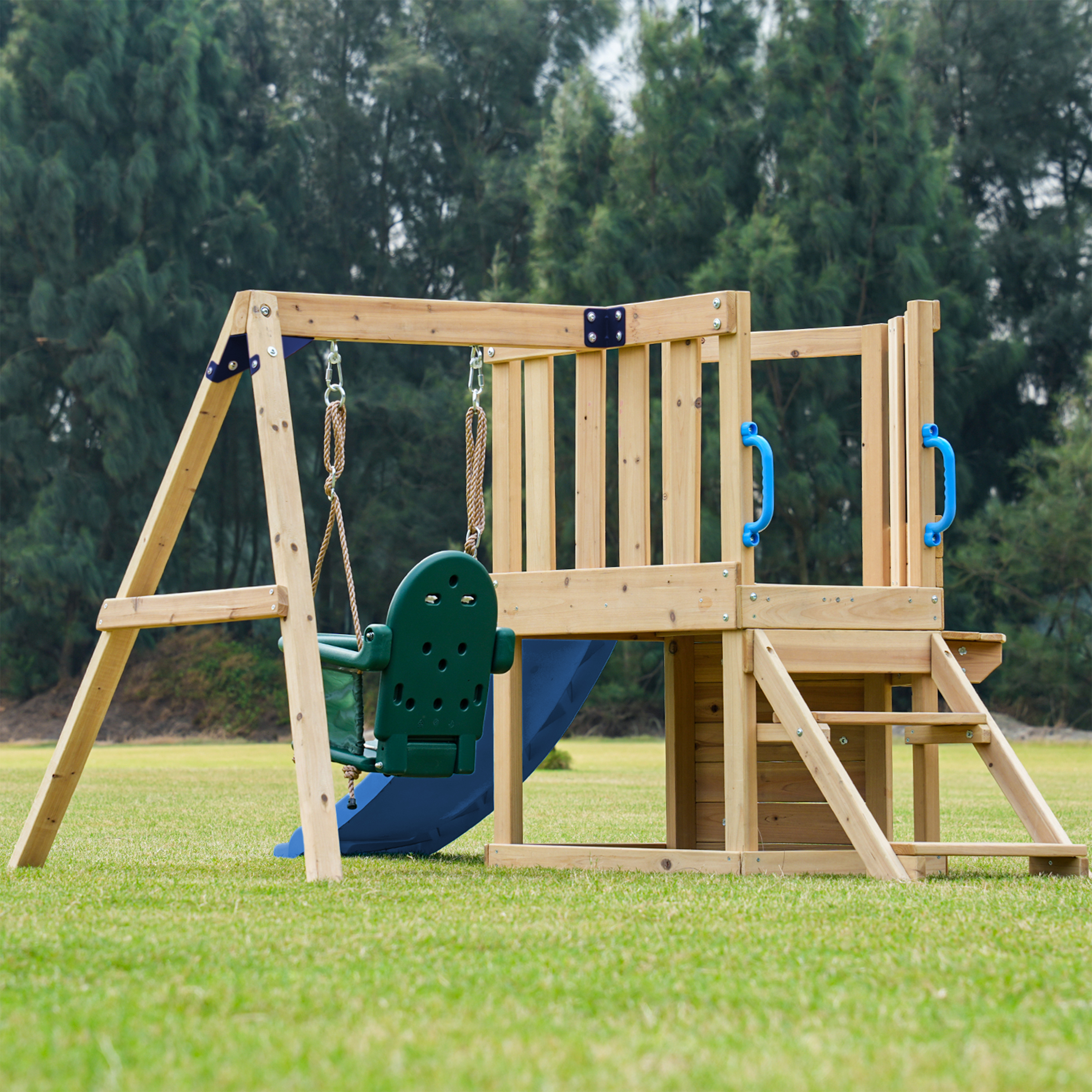 AXI Timo Mini Climbing Frame with Baby Swing, Climbing Wall and Chalkboard – Blue Slide