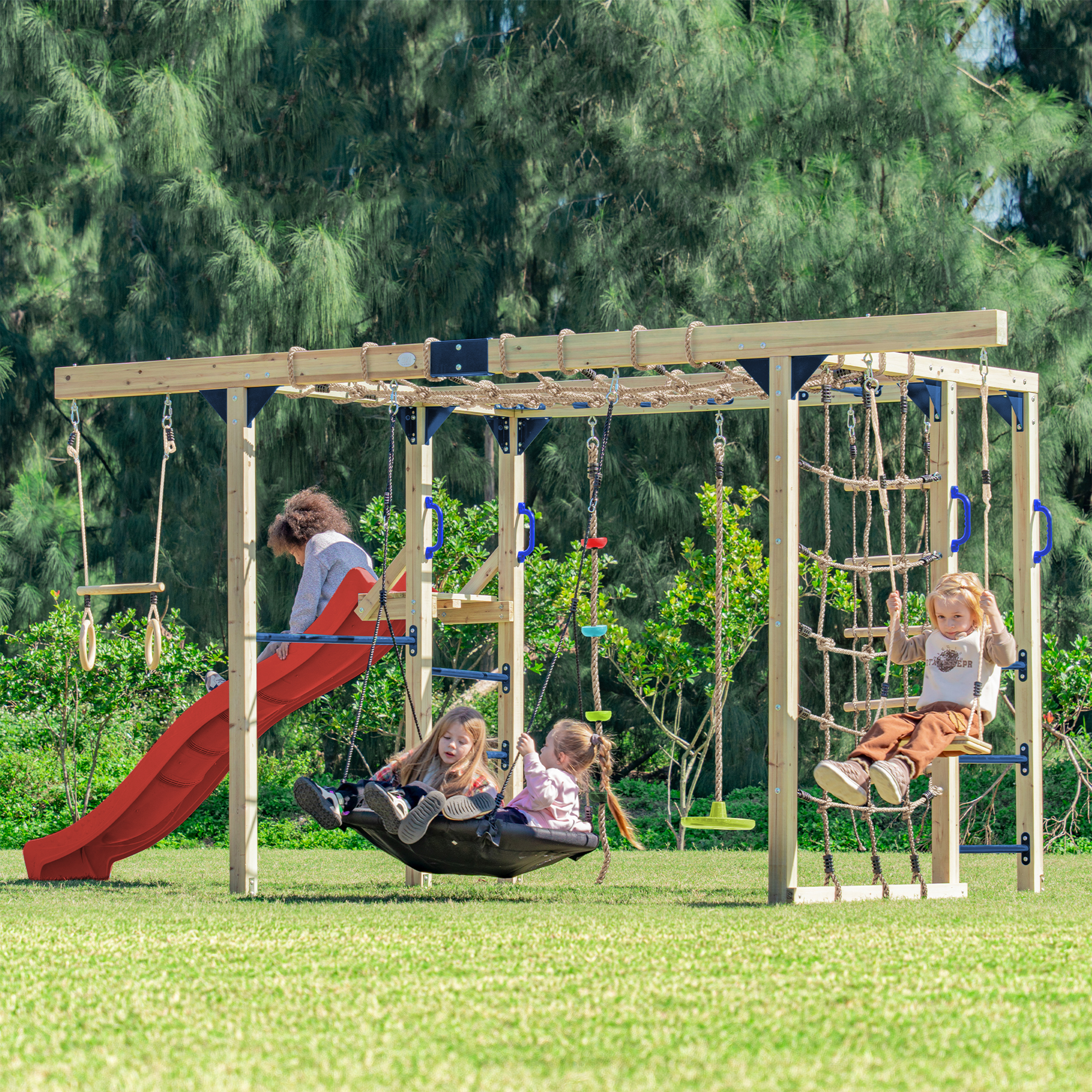 AXI Boris Wooden Playcentre with Swings. Trapeze. Climbing Nets and Monkey Bars – Red Slide