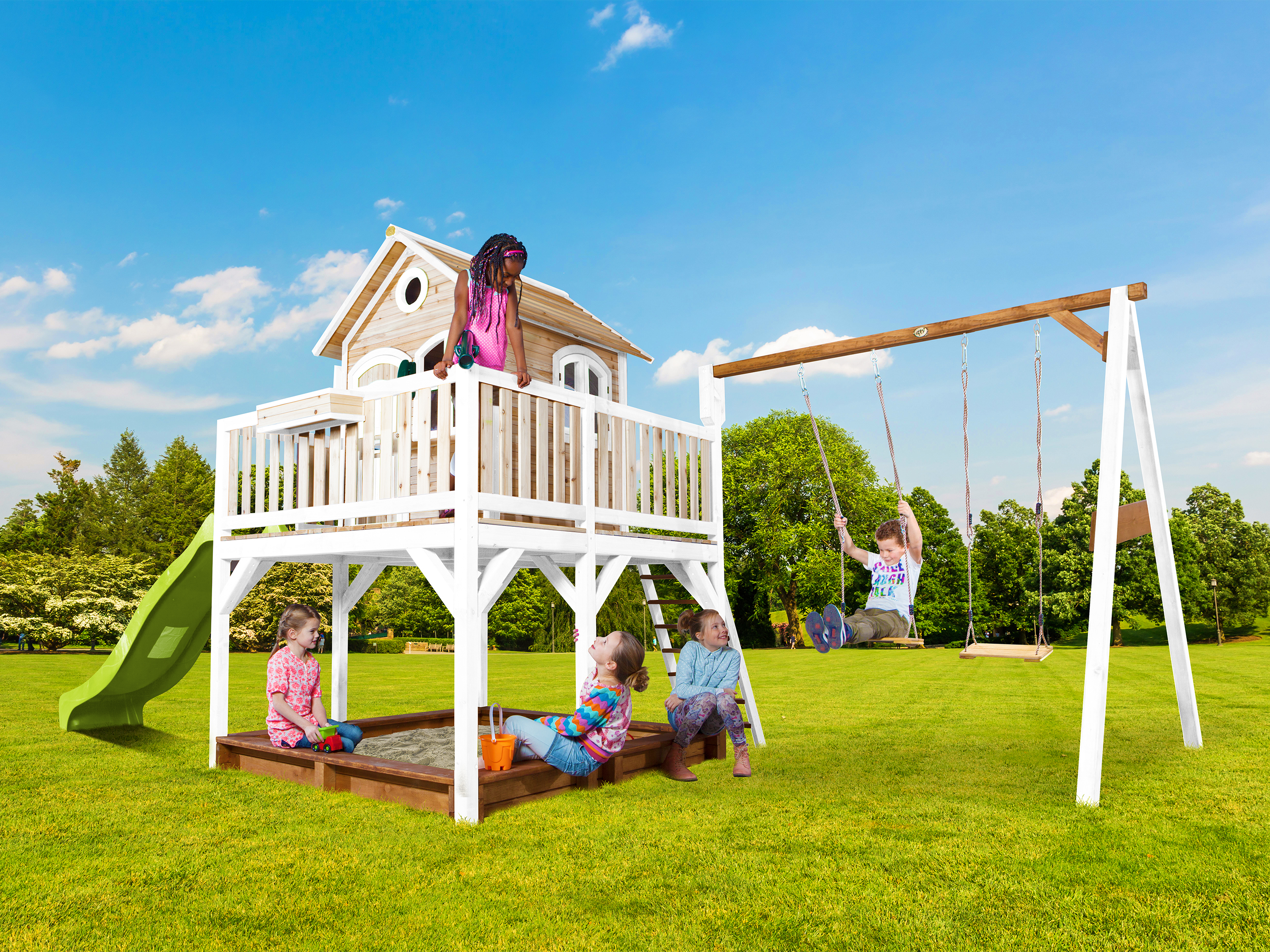 AXI Liam Playhouse with Double Swing Set Brown/White - Lime Green Slide-8717973933502 AXI Liam Playhouse with Double Swing Set Brown/White - Lime Green Slide