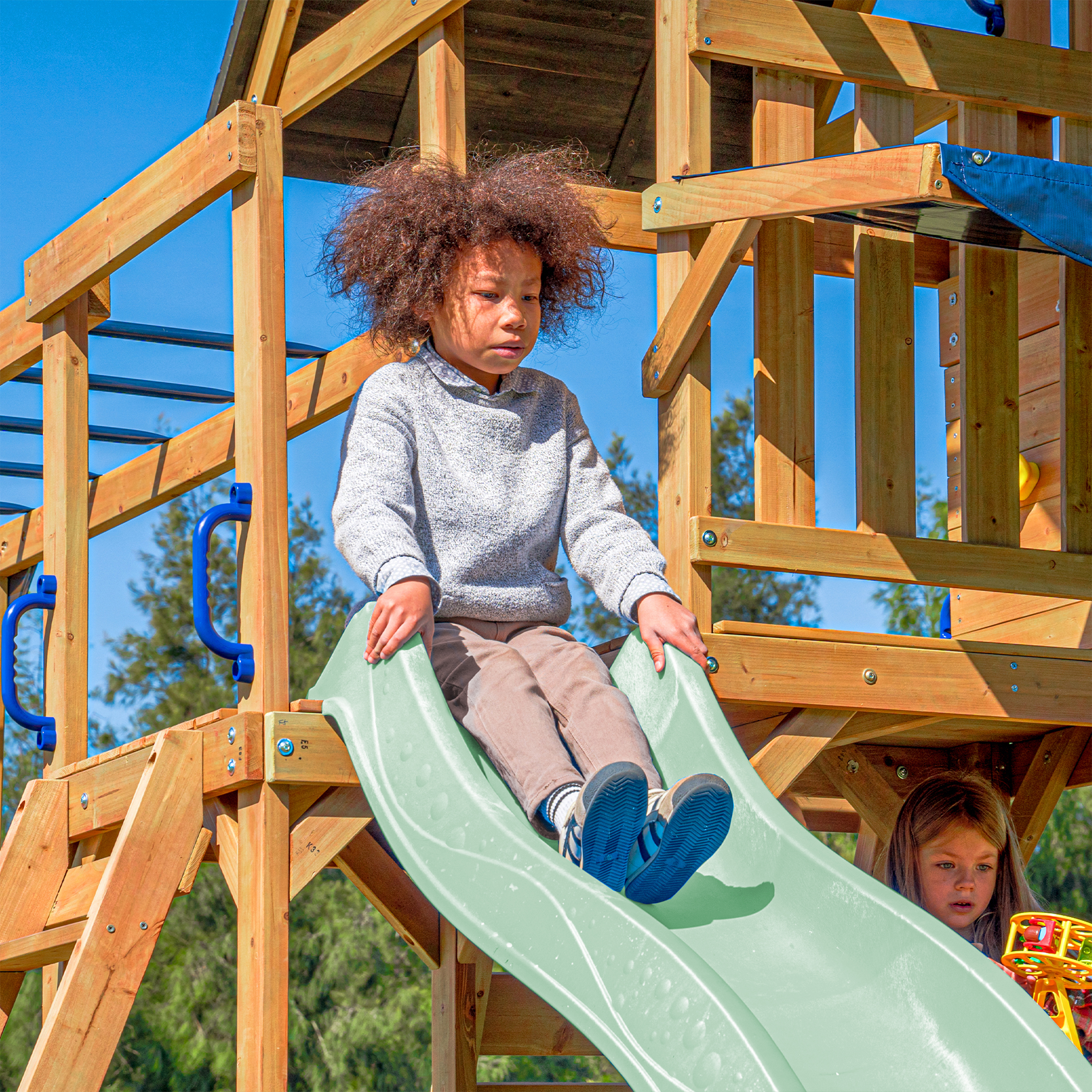 AXI Mitch Climbing Frame with Double Swing, Trapeze and Lookout Tower – Pastel Green Slide