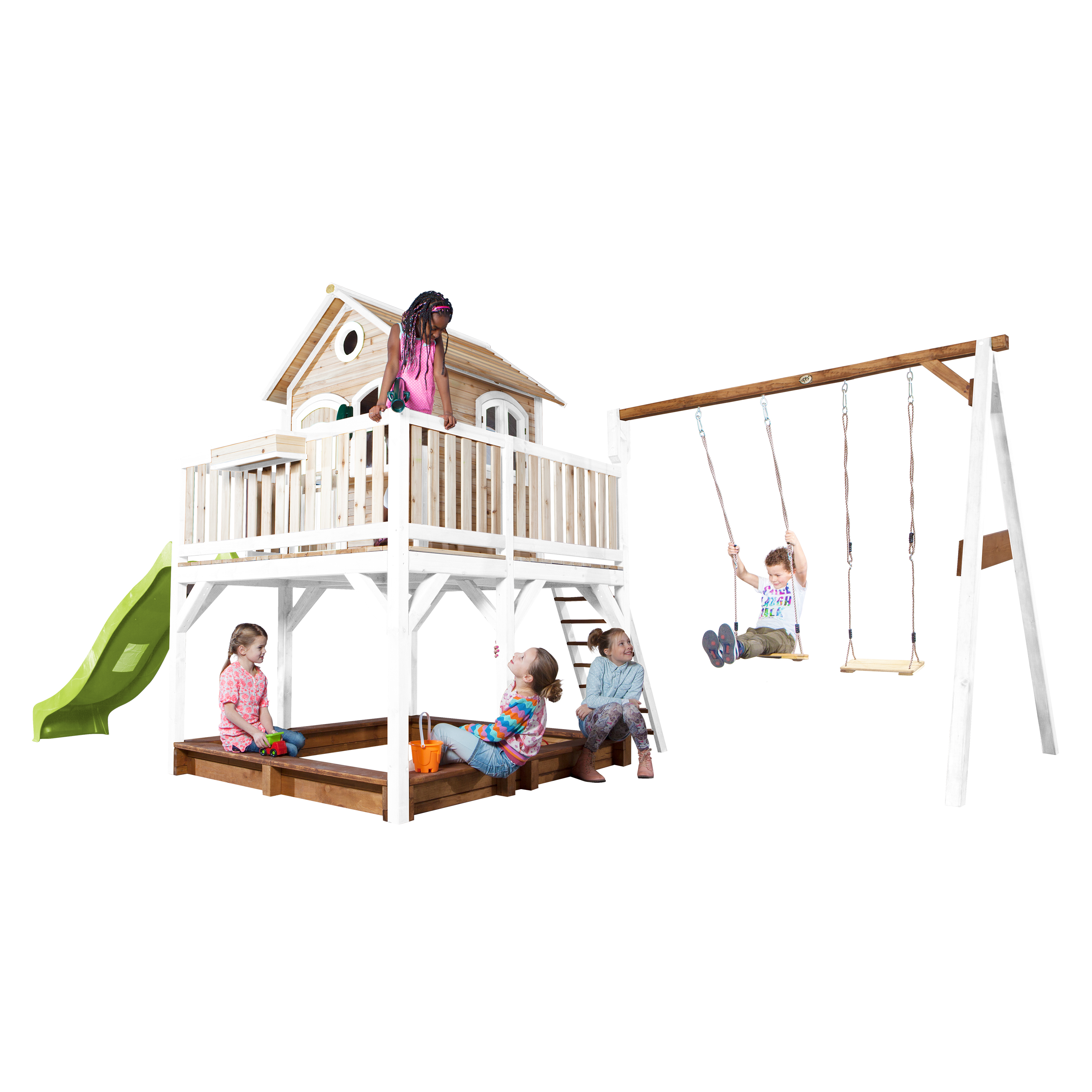 AXI Liam Playhouse with Double Swing Set Brown/White - Lime Green Slide-8717973933502 AXI Liam Playhouse with Double Swing Set Brown/White - Lime Green Slide