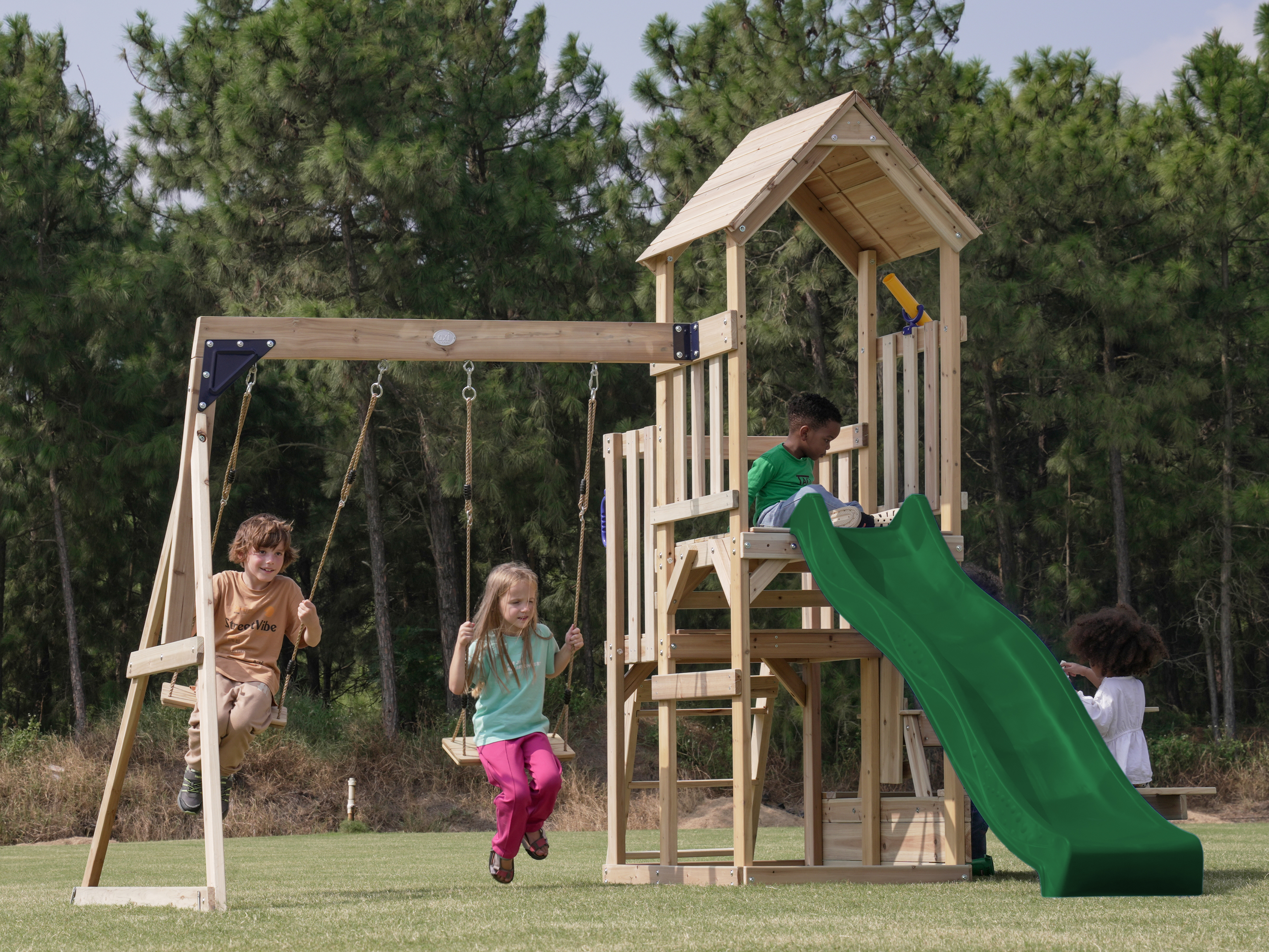 AXI Mette Climbing Frame with Double Swing Set and Picnic Table - Green Slide