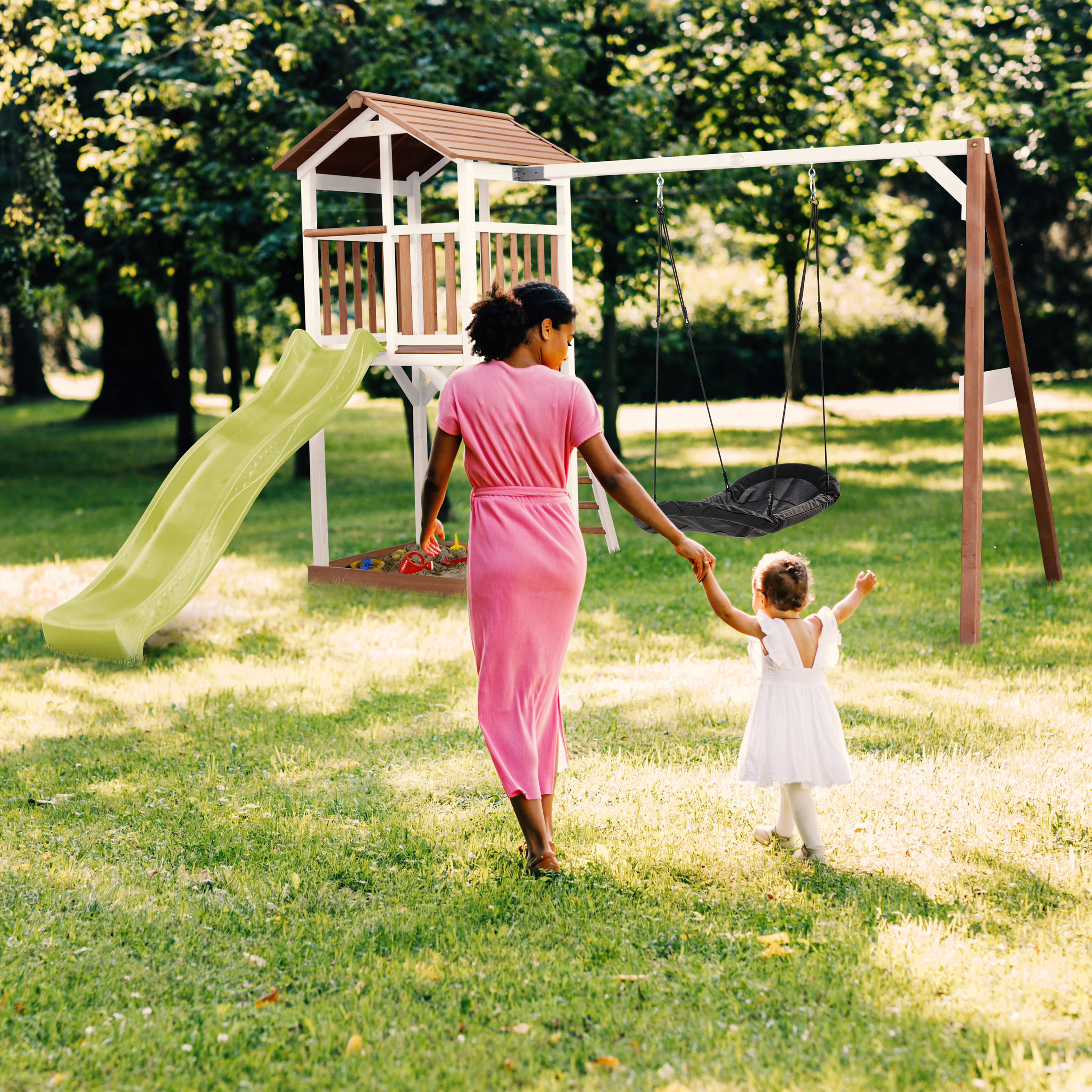 AXI Beach Tower with Roxy Nest Swing Set Brown/White - Lime Green Slide