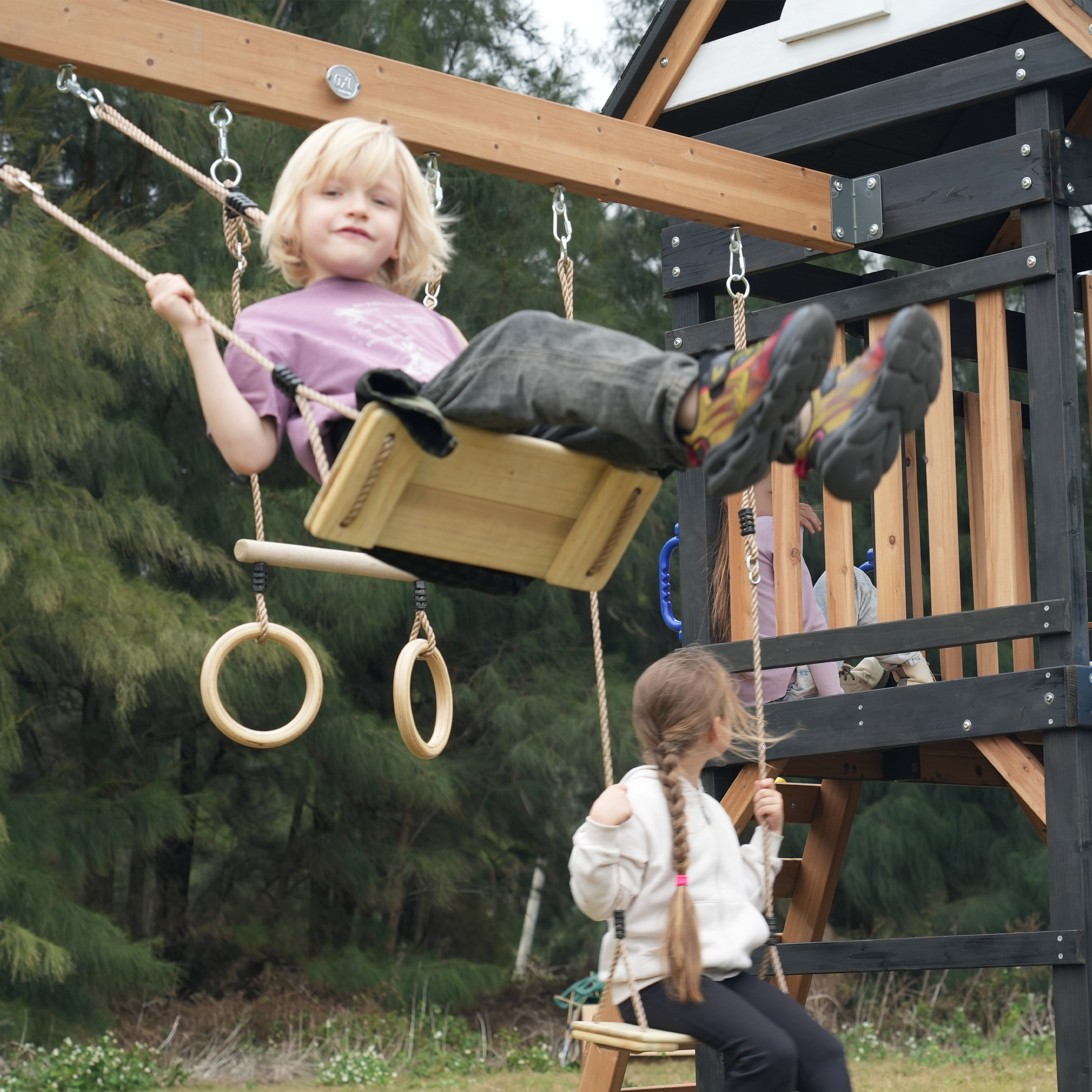 AXI Cody Climbing Frame with Swings. Trapeze and Climbing Wall – Cream Double Slide and Tube Slide