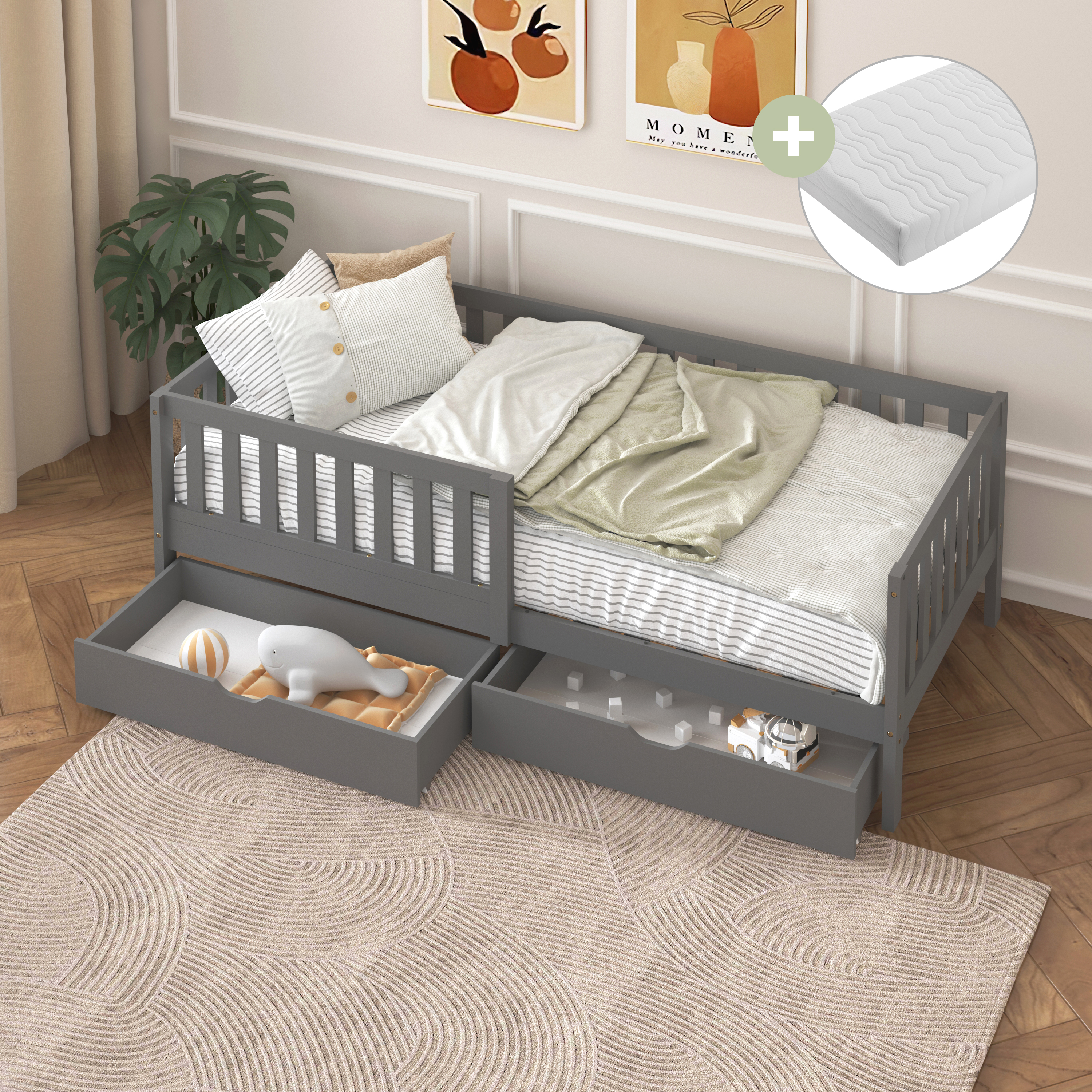 Sunny Isa Kids Bed with 2 Storage Drawers and Guardrail Grey – With Mattress