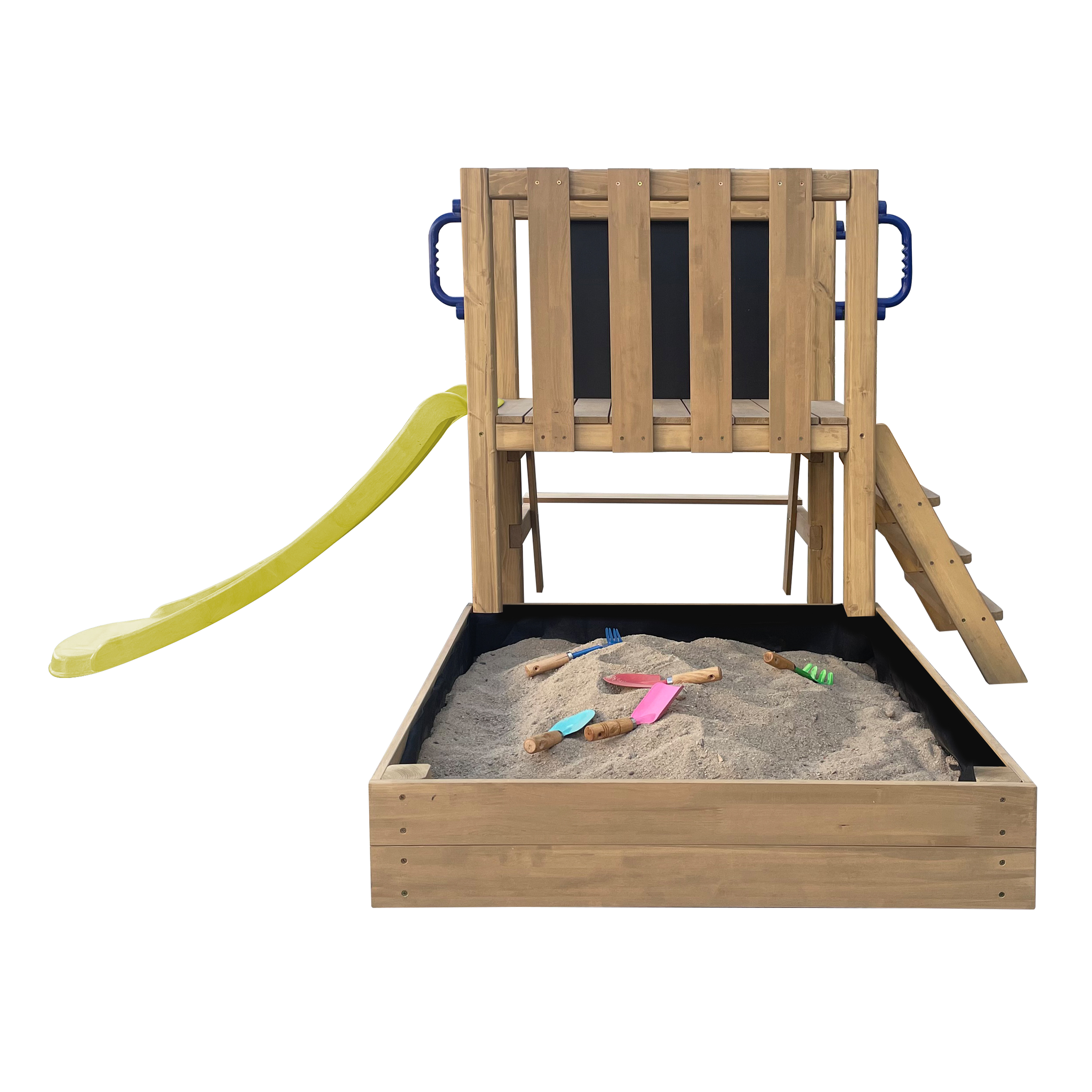 AXI Leah Mini Wooden Playtower with Sandbox. Picnic Table & Chalkboard – Lime Green Slide