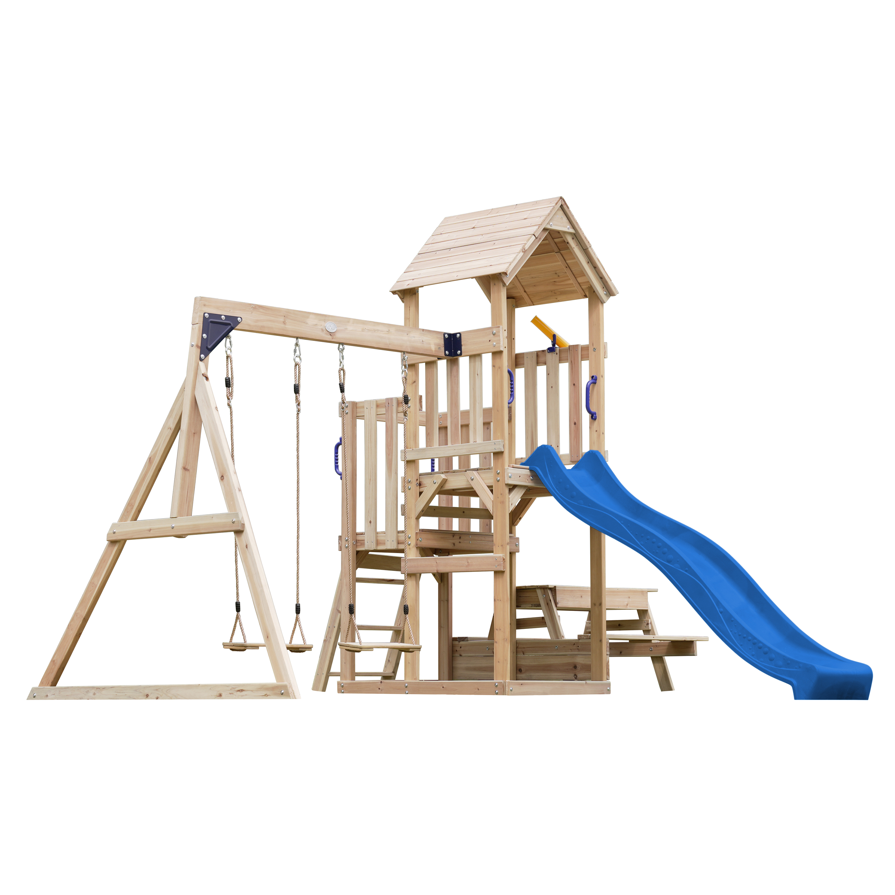 AXI Mette Climbing Frame with Double Swing Set and Picnic Table - Blue Slide