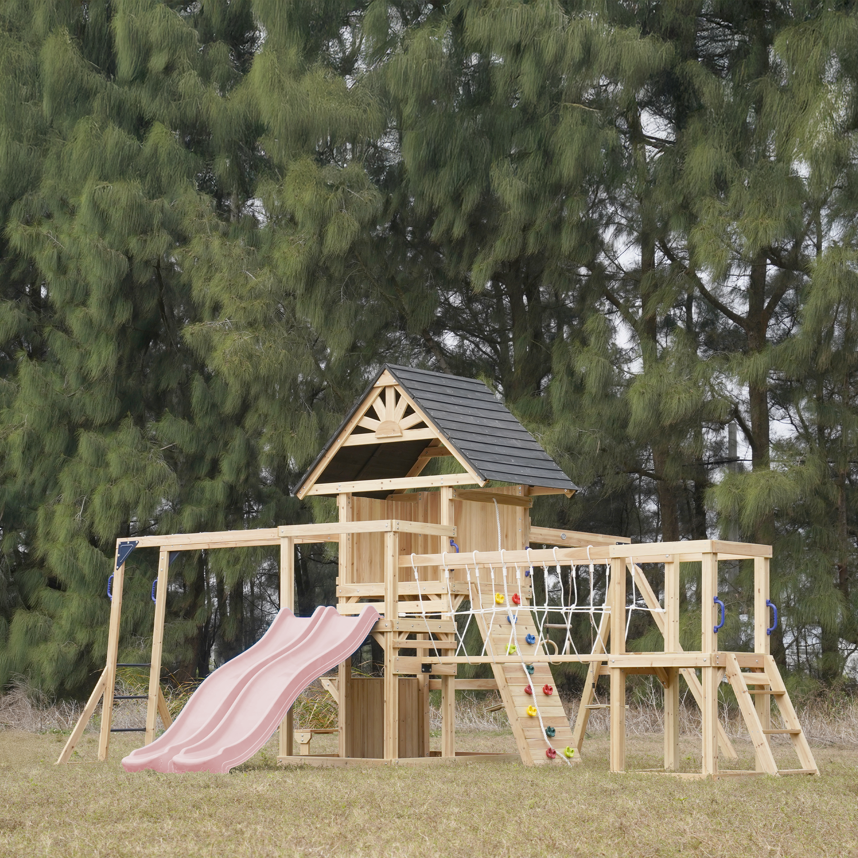 AXI Hunter Climbing Frame with Swings, Climbing Frame, Climbing Bridge and Multiple Platforms – Pastel Pink Double Slide