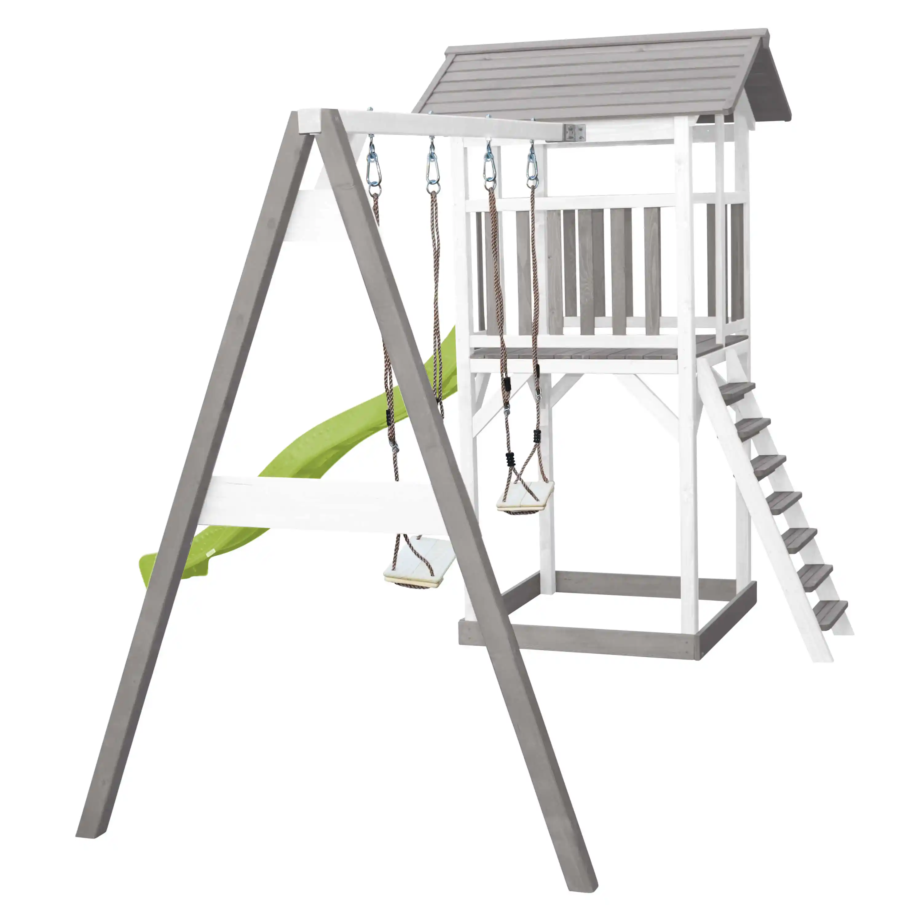 AXI Beach Tower Speeltoren met Dubbele Schommel Grijs/wit - Limoen groene glijbaan