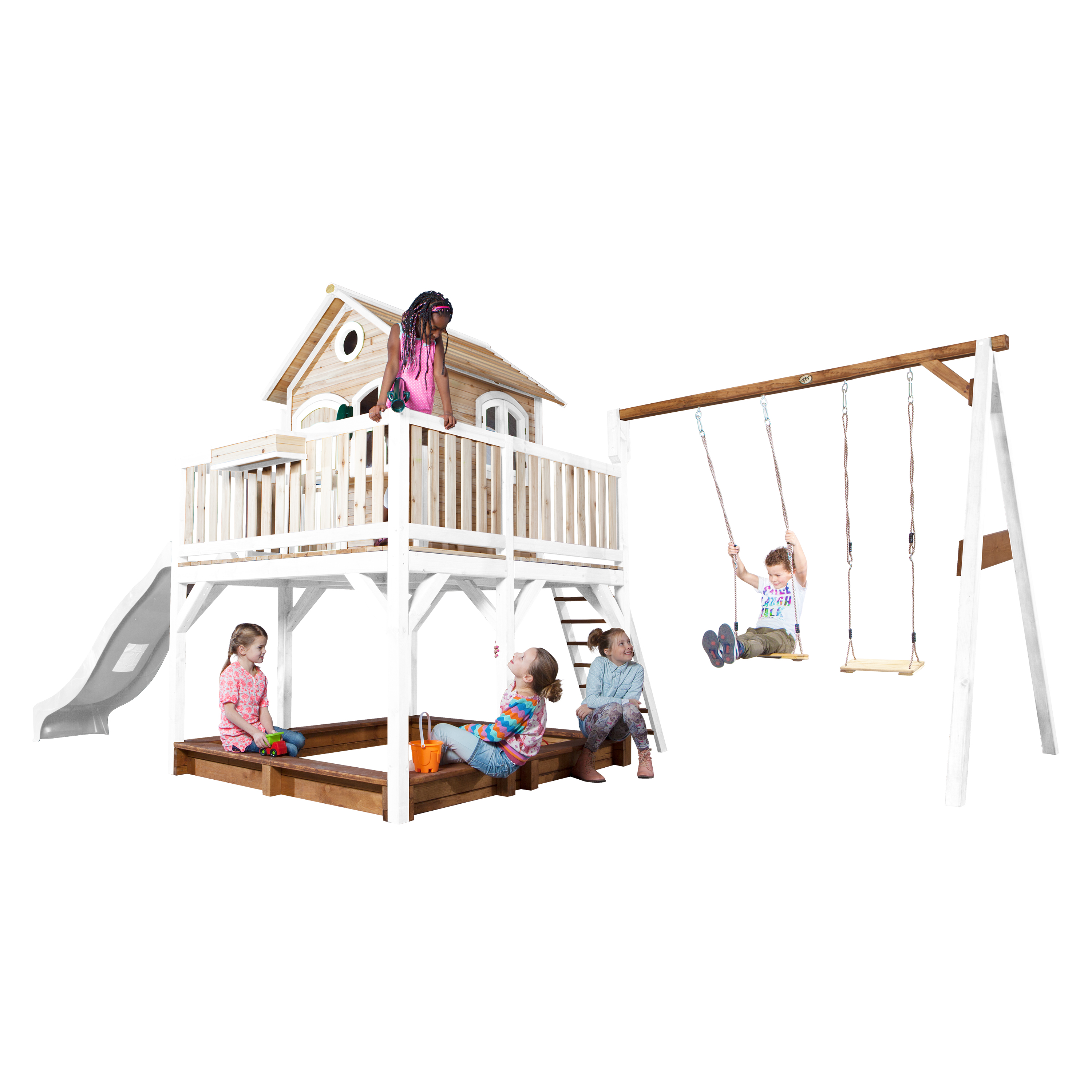 AXI Liam Playhouse with Double Swing Set Brown/White - White Slide-8717973933540 AXI Liam Playhouse with Double Swing Set Brown/White - White Slide