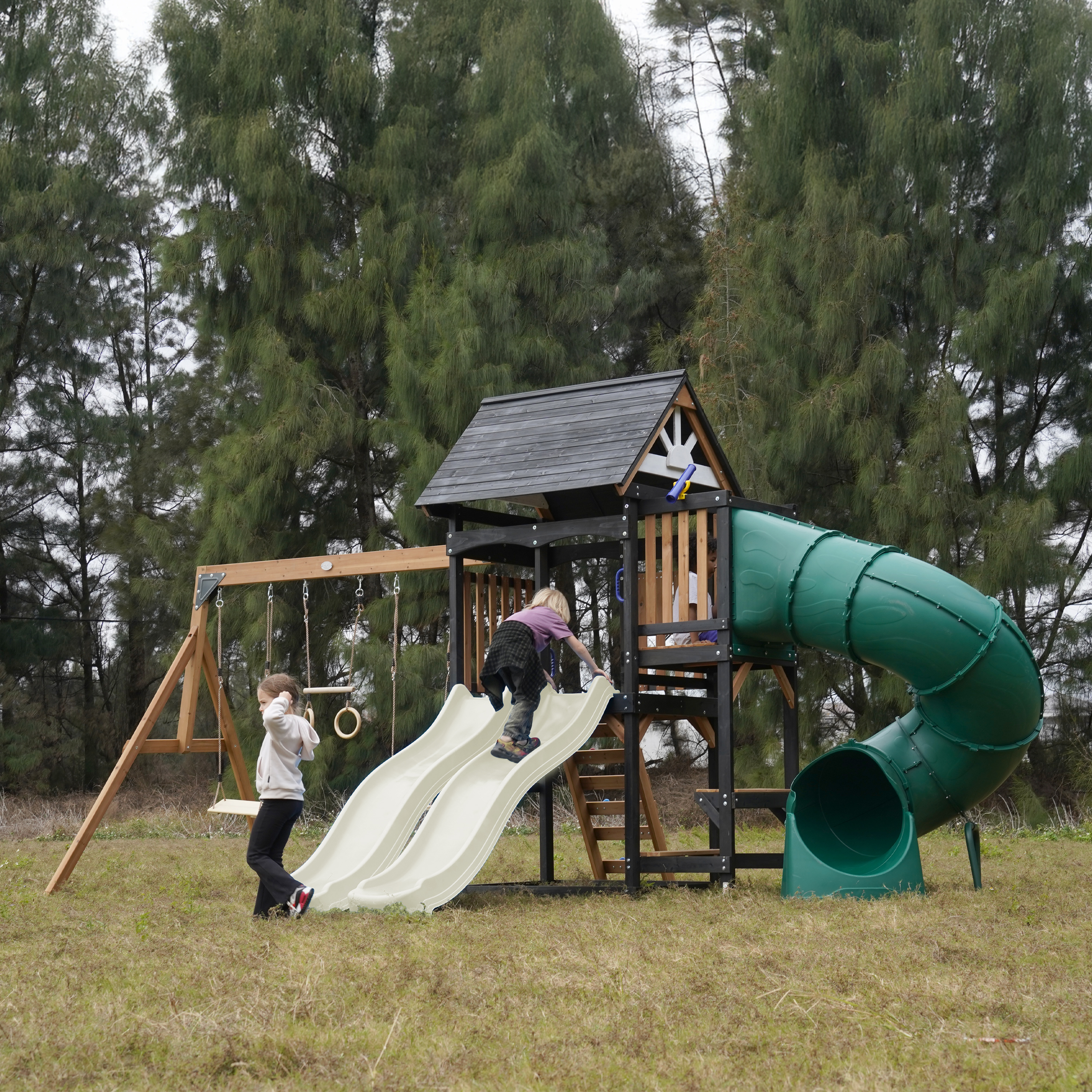 AXI Cody Climbing Frame with Swings. Trapeze and Climbing Wall – Cream Double Slide and Tube Slide