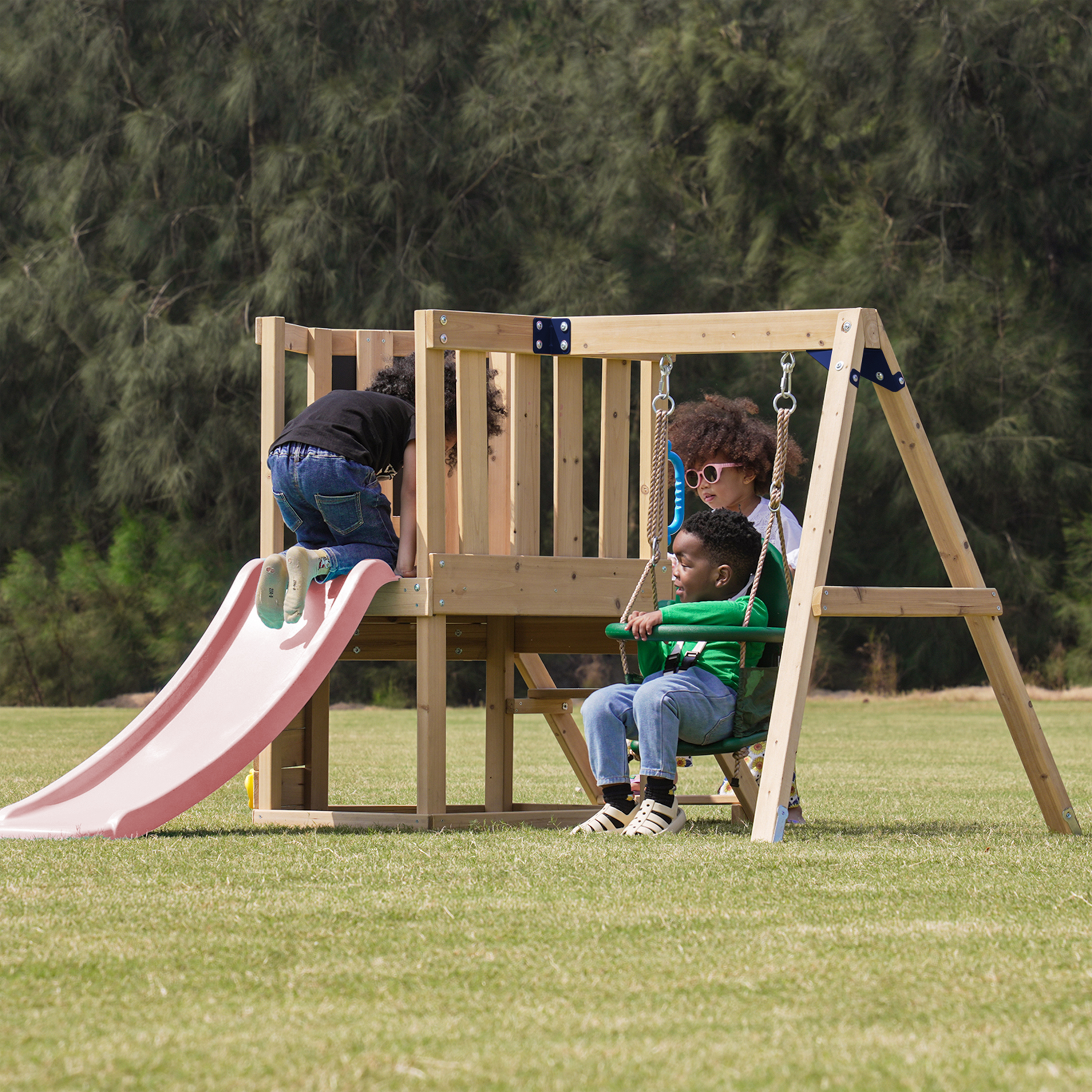AXI Timo Mini Climbing Frame with Baby Swing. Climbing Wall and Chalkboard – Pastel Pink Slide