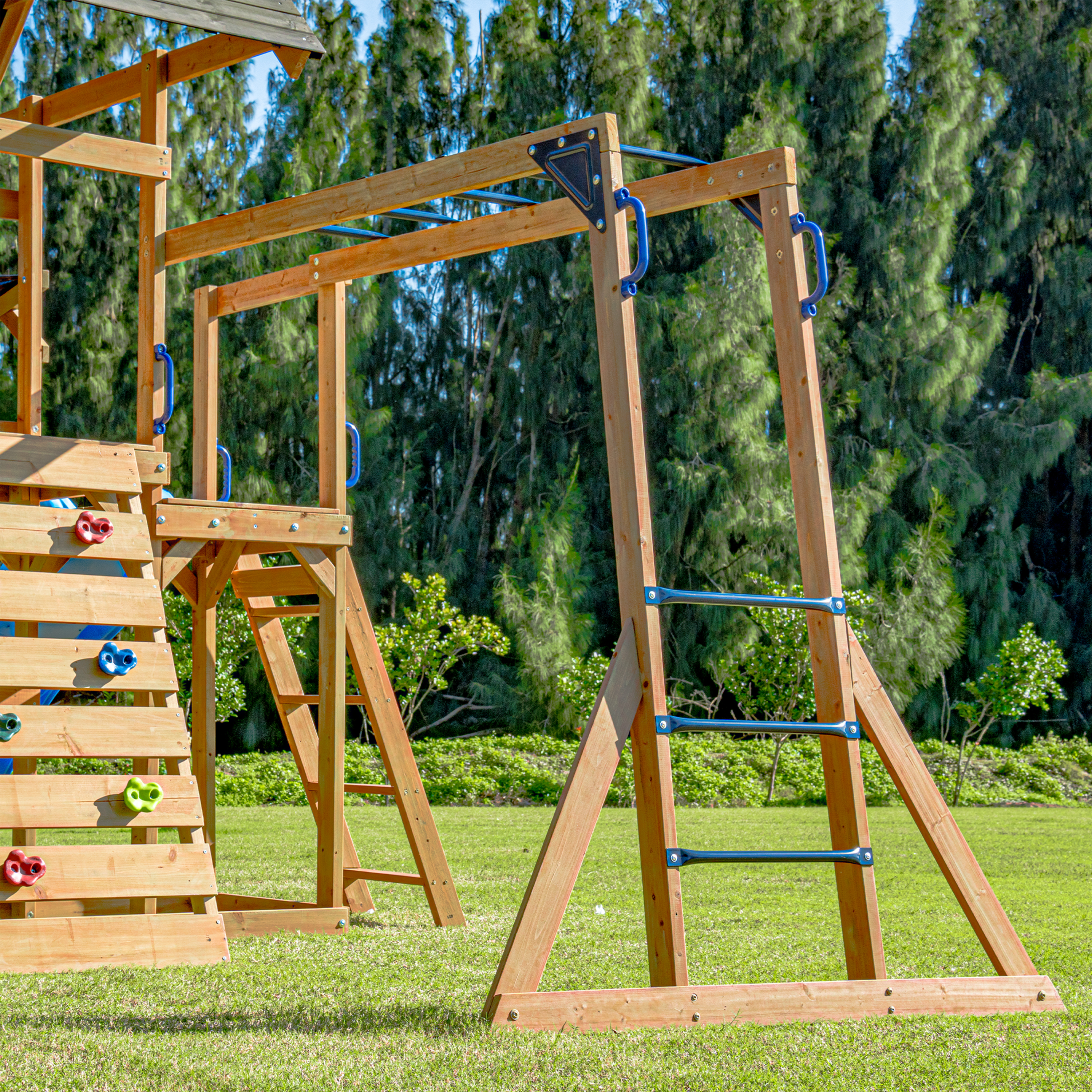 AXI Mitch Climbing Frame with Double Swing. Trapeze and Lookout Tower – Blue Slide