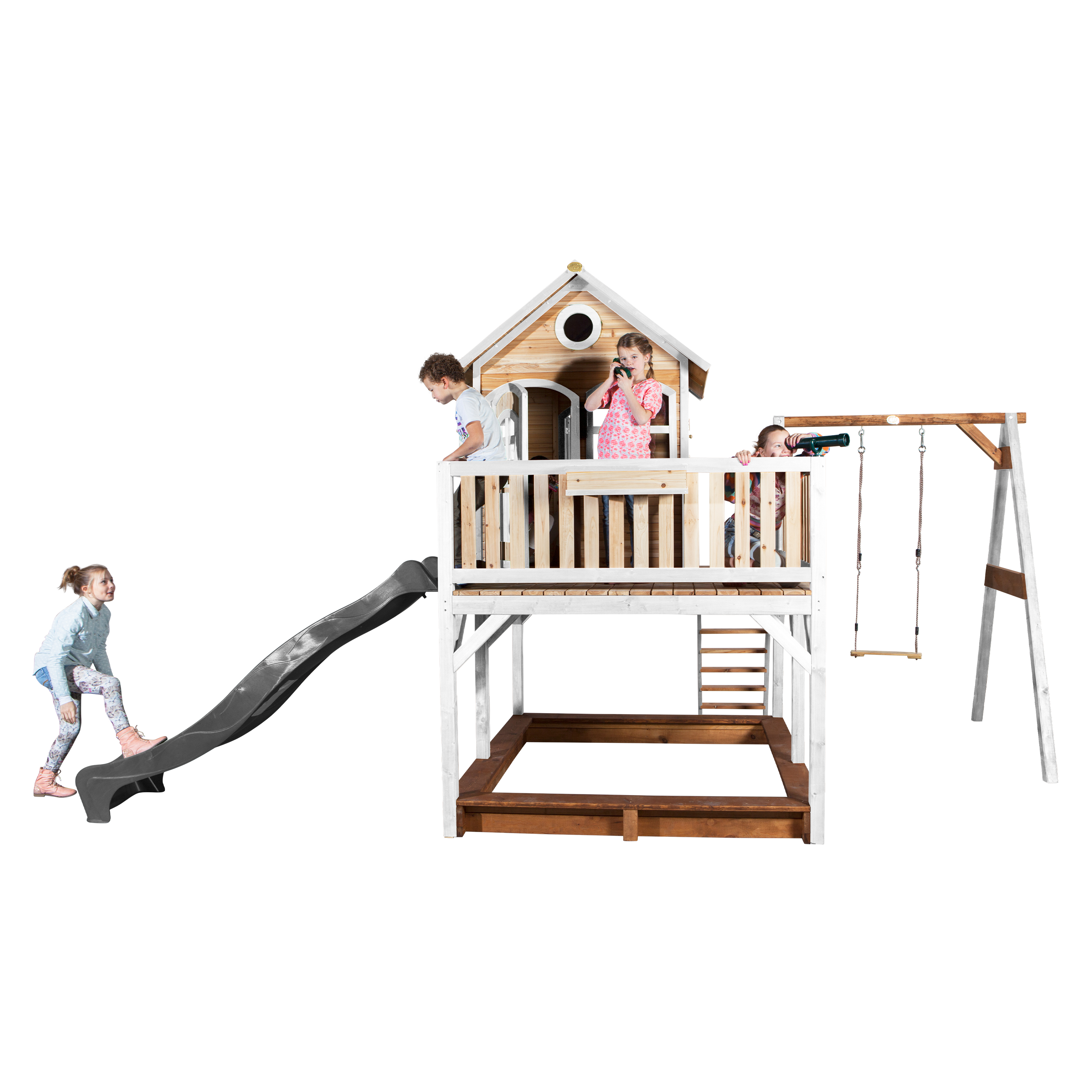AXI Liam Playhouse with Single Swing Set Brown/White - Grey Slide-8717973937500 AXI Liam Playhouse with Single Swing Set Brown/White - Grey Slide