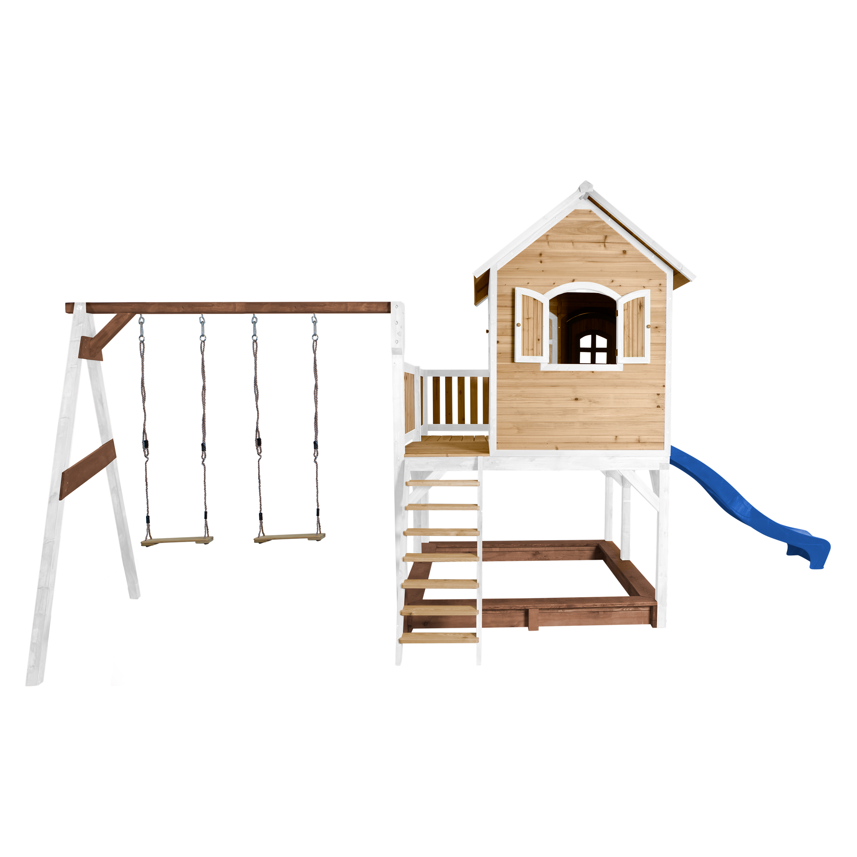 AXI Liam Playhouse with Double Swing Set Brown/White - Blue Slide