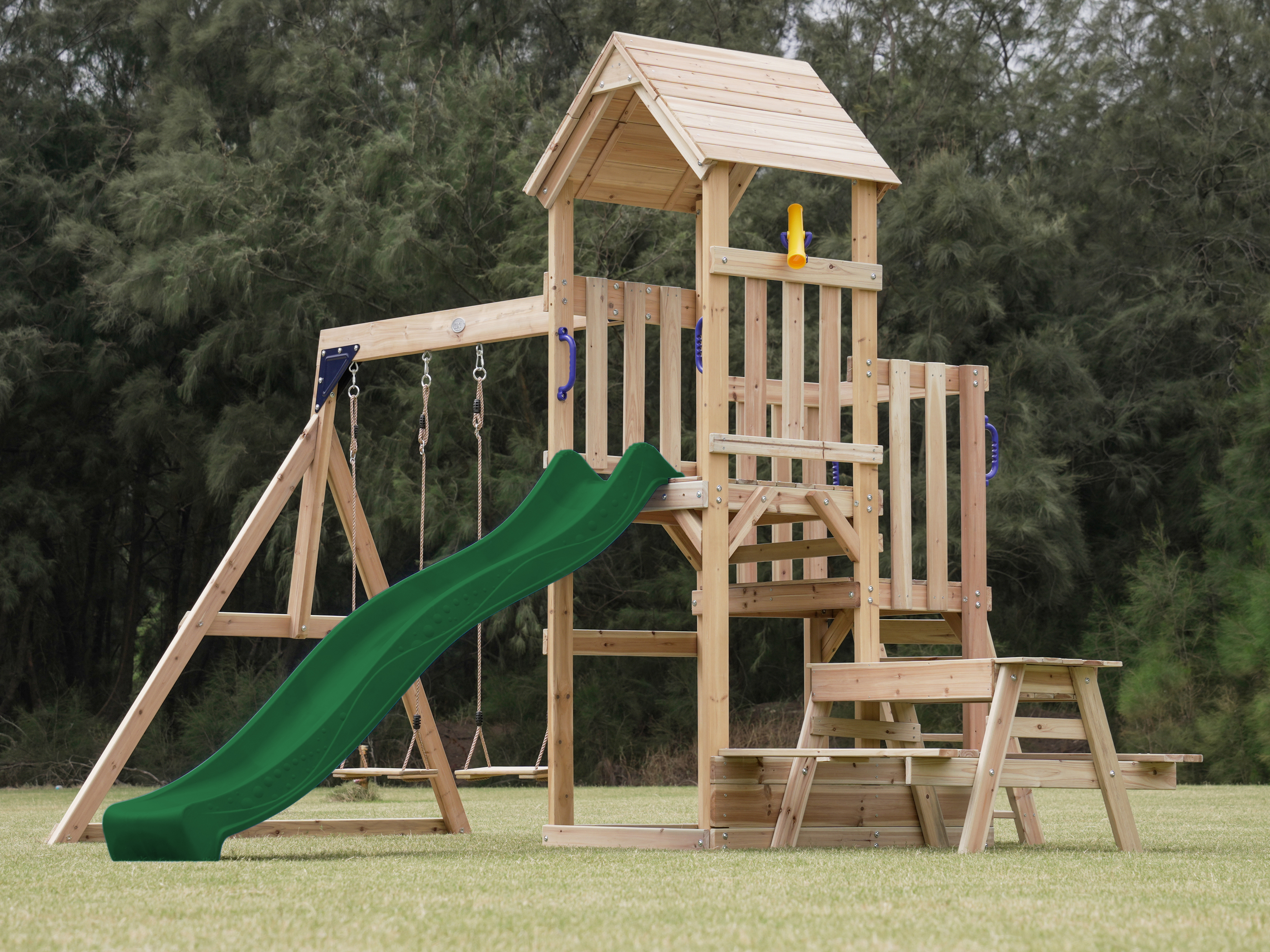 AXI Mette Climbing Frame with Double Swing Set and Picnic Table - Green Slide