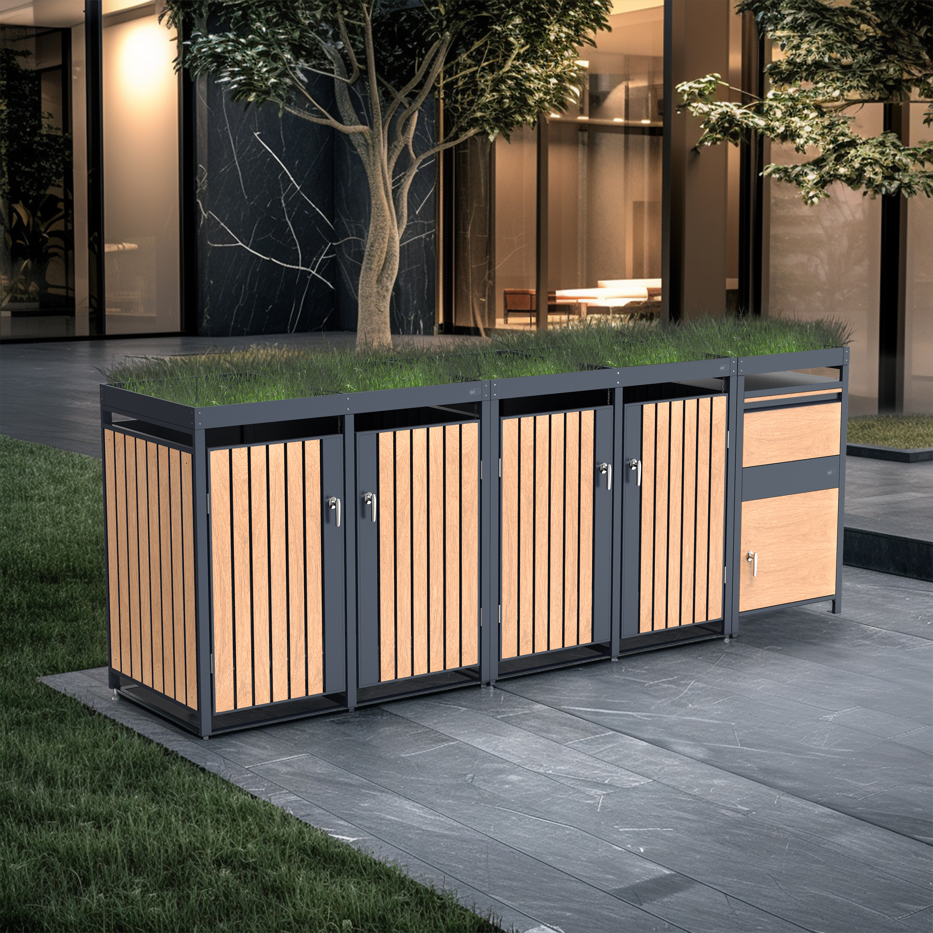 AXI Leon Bin Storage with Louis Parcel Postbox Anthracite/Wood Look – 4 Garbage Bins